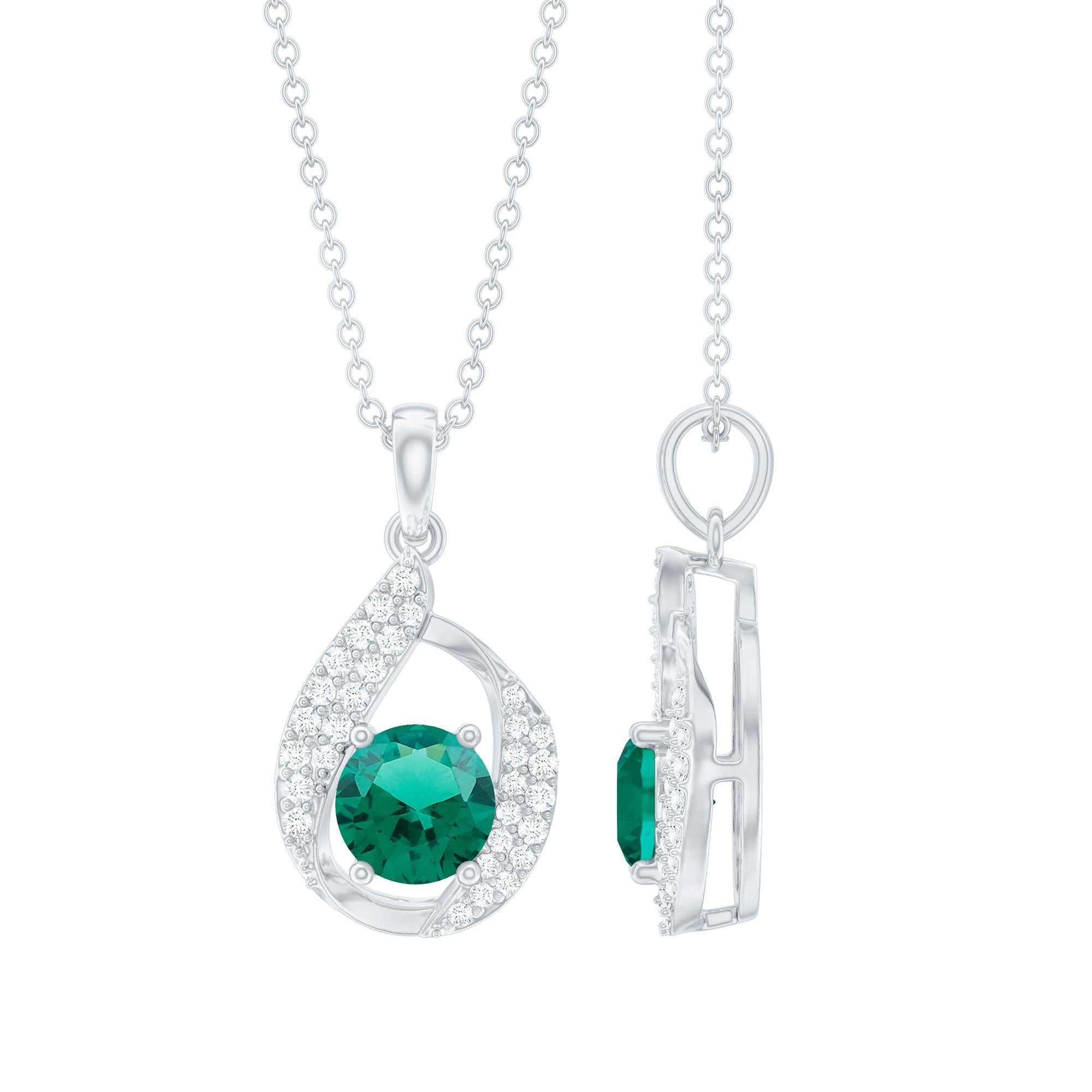 Lab Grown Emerald Drop Necklace with Silver Chain