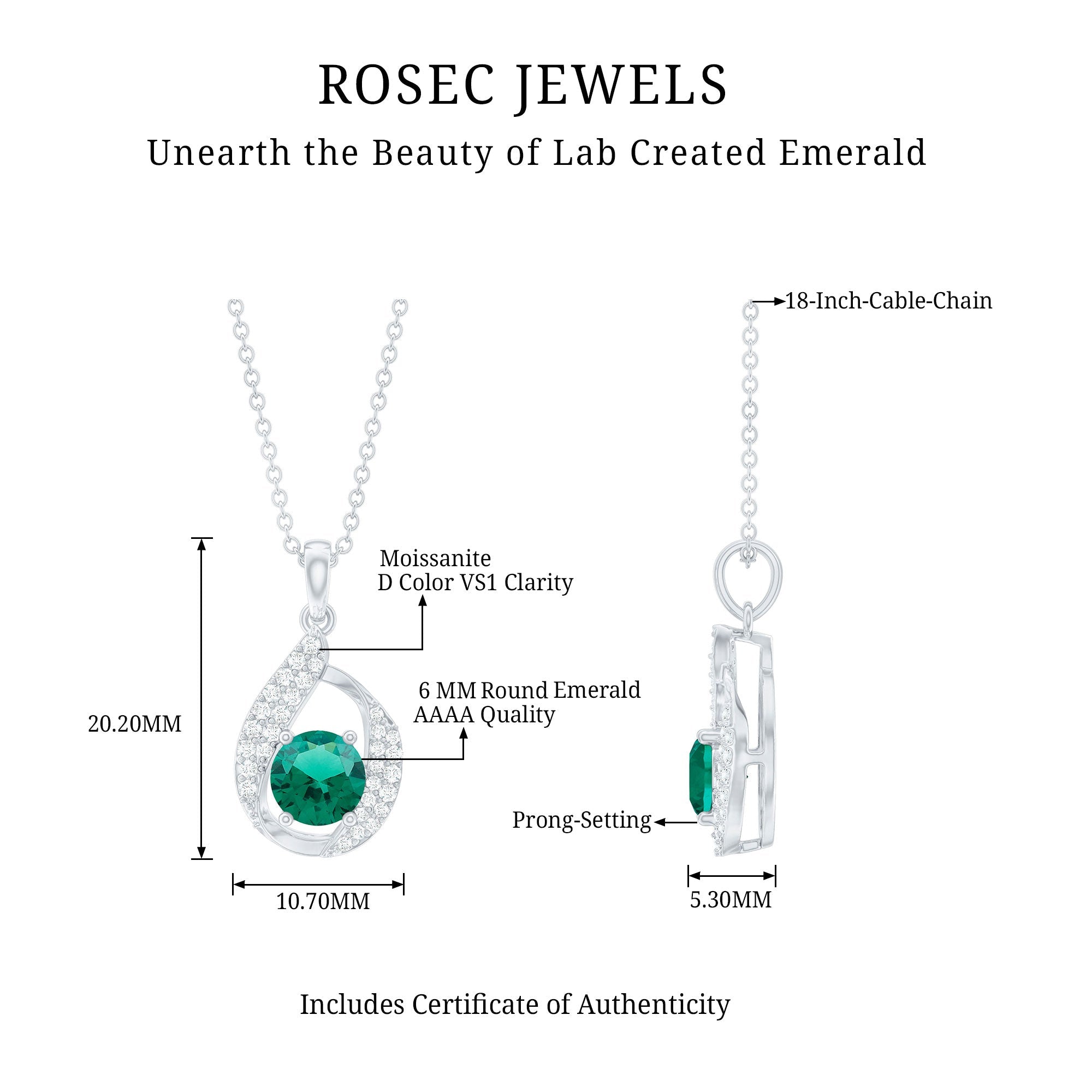 Lab Grown Emerald Drop Necklace with Silver Chain