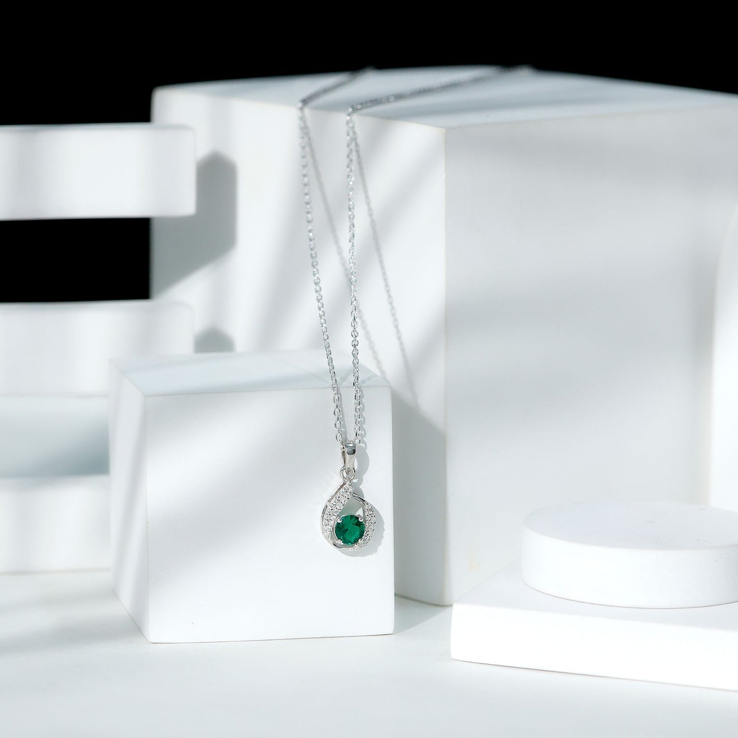 Lab Grown Emerald Drop Necklace with Silver Chain