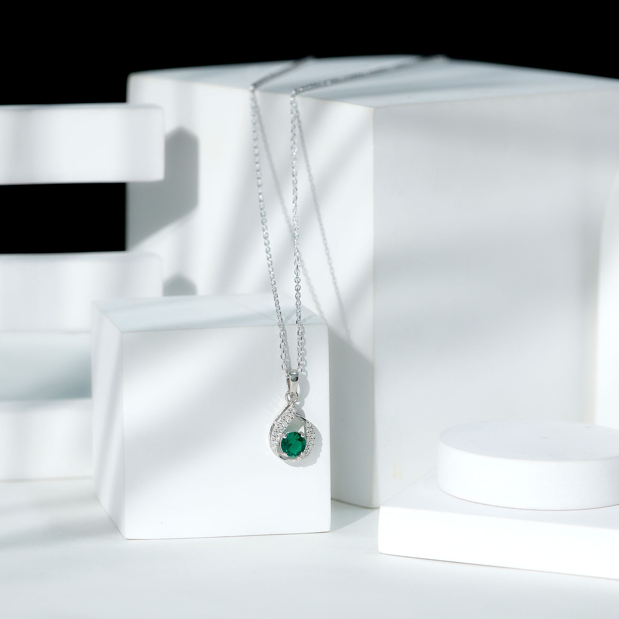Lab Grown Emerald Drop Necklace with Silver Chain