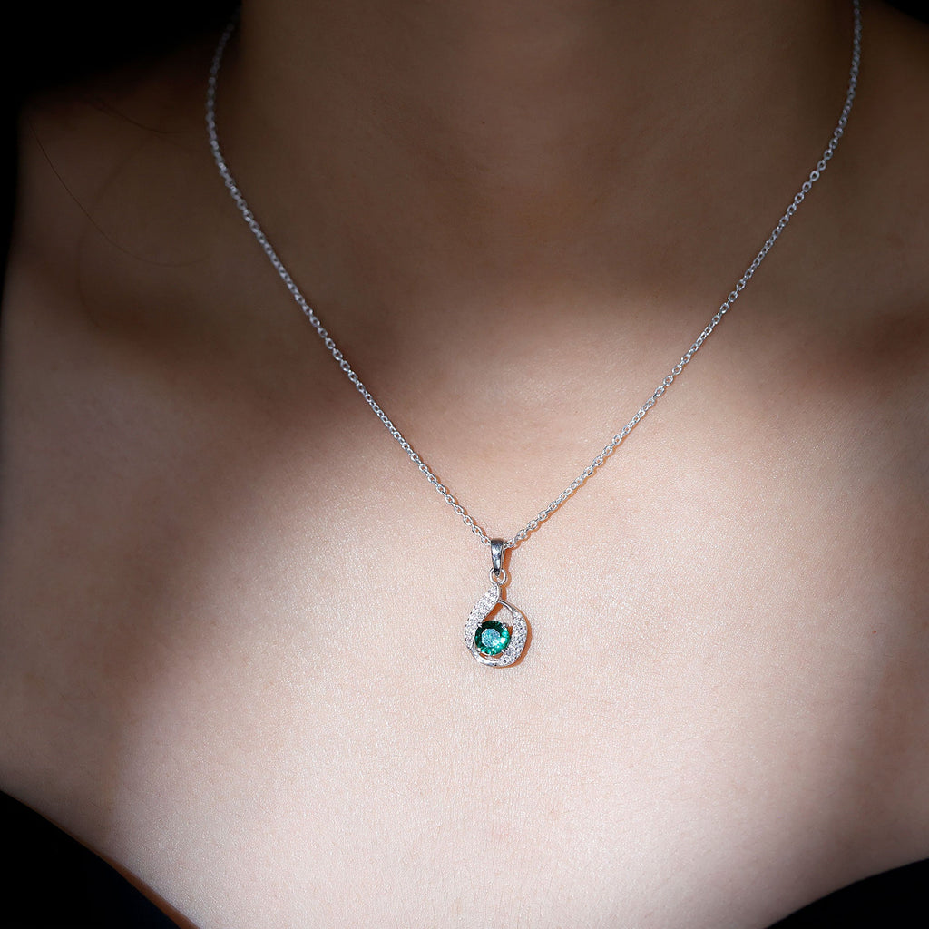 Lab Grown Emerald Drop Necklace with Silver Chain
