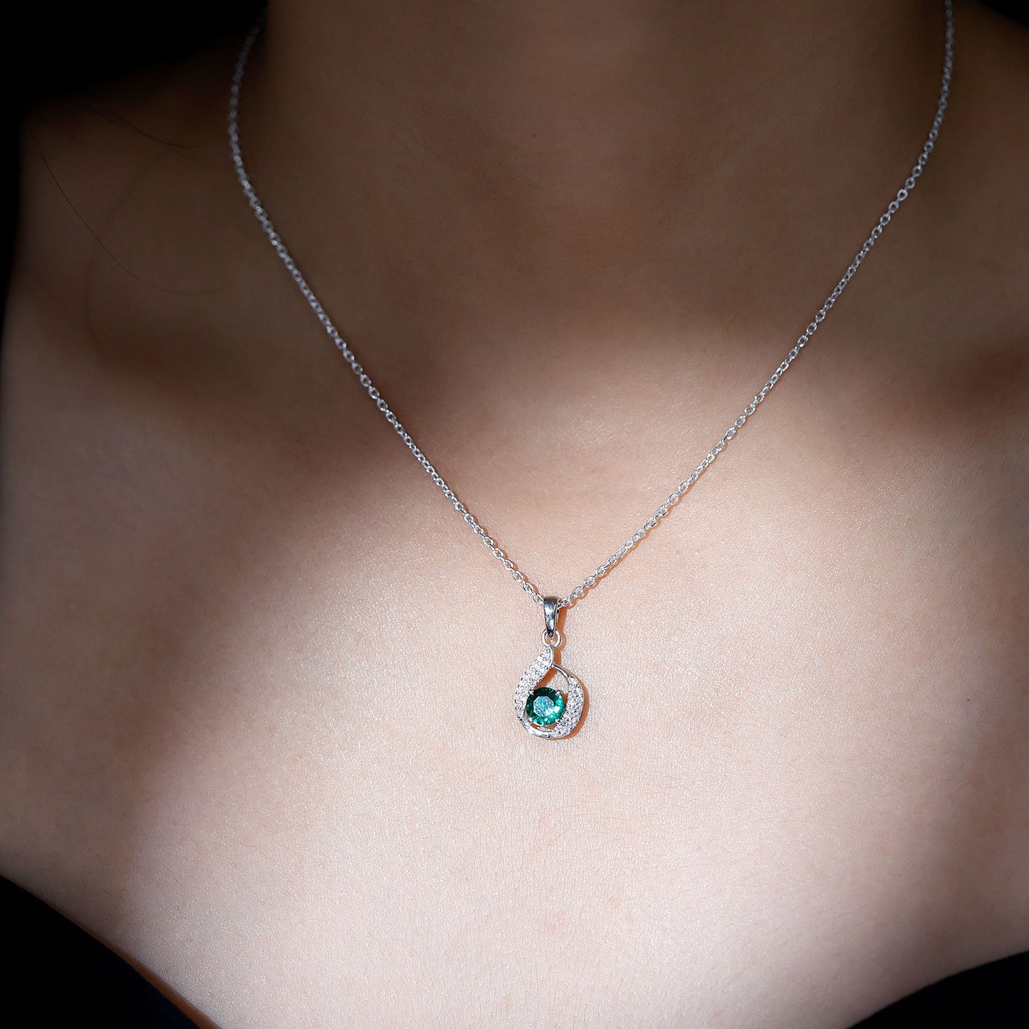 Lab Grown Emerald Drop Necklace with Silver Chain