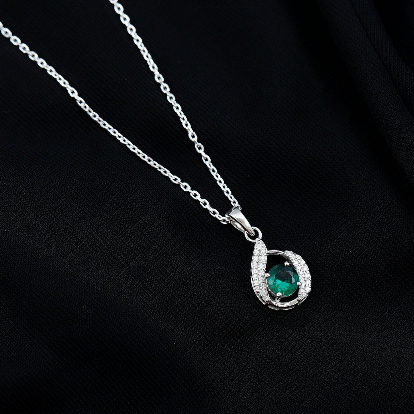 Lab Grown Emerald Drop Necklace with Silver Chain