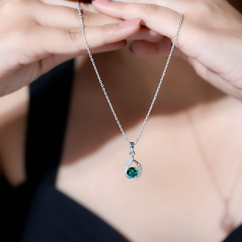 Lab Grown Emerald Drop Necklace with Silver Chain