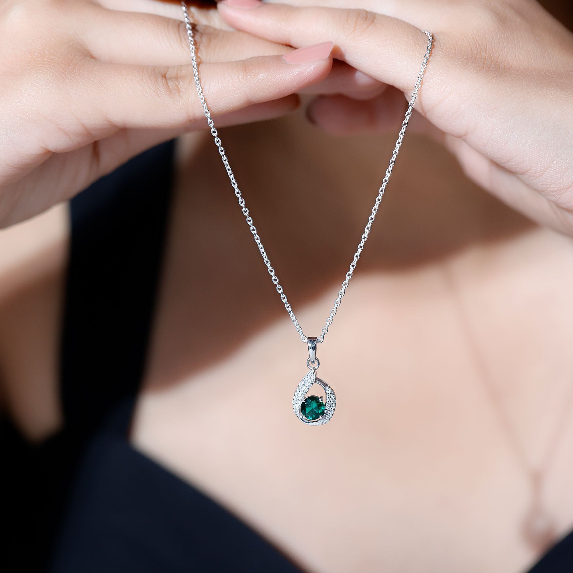 Lab Grown Emerald Drop Necklace with Silver Chain