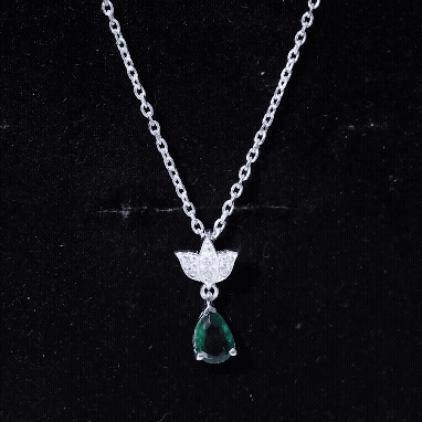 Emerald Lotus Flower Necklace with Silver Chain