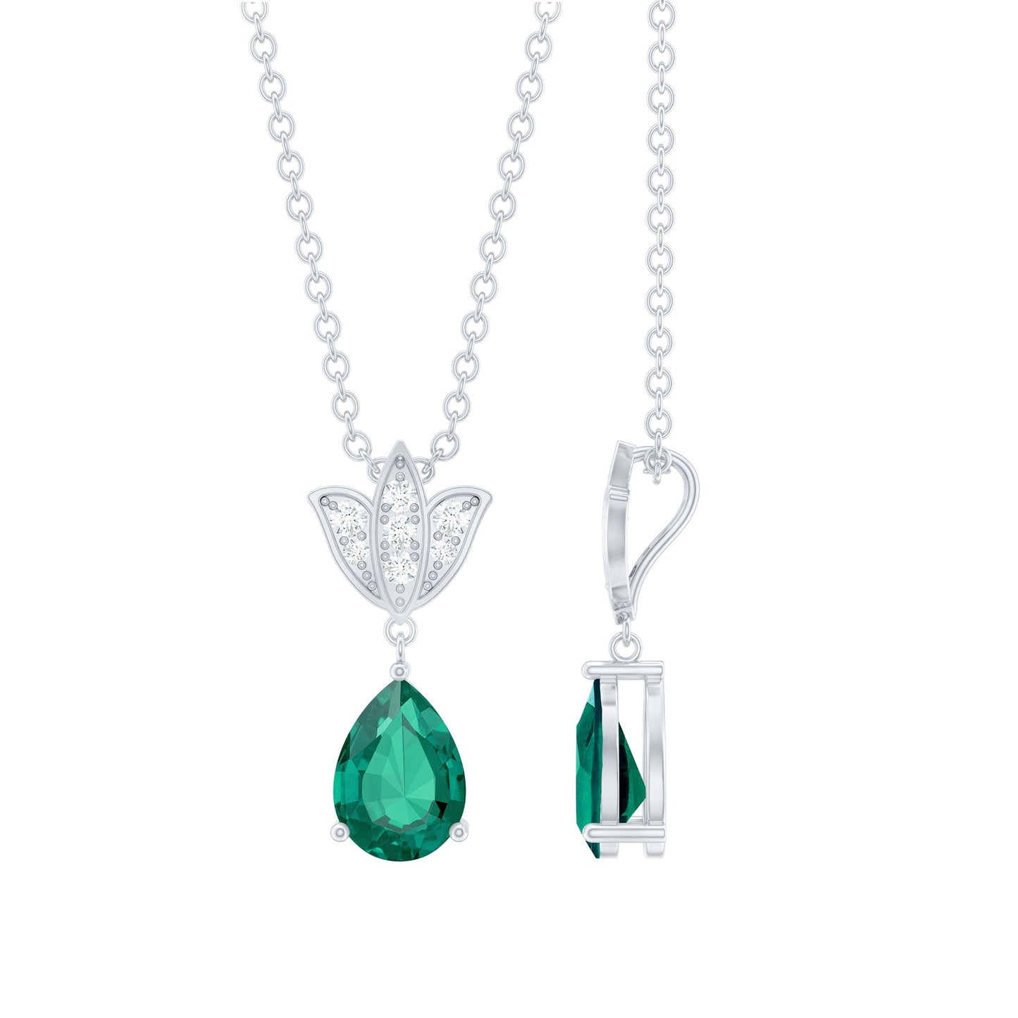 Emerald Lotus Flower Necklace with Silver Chain