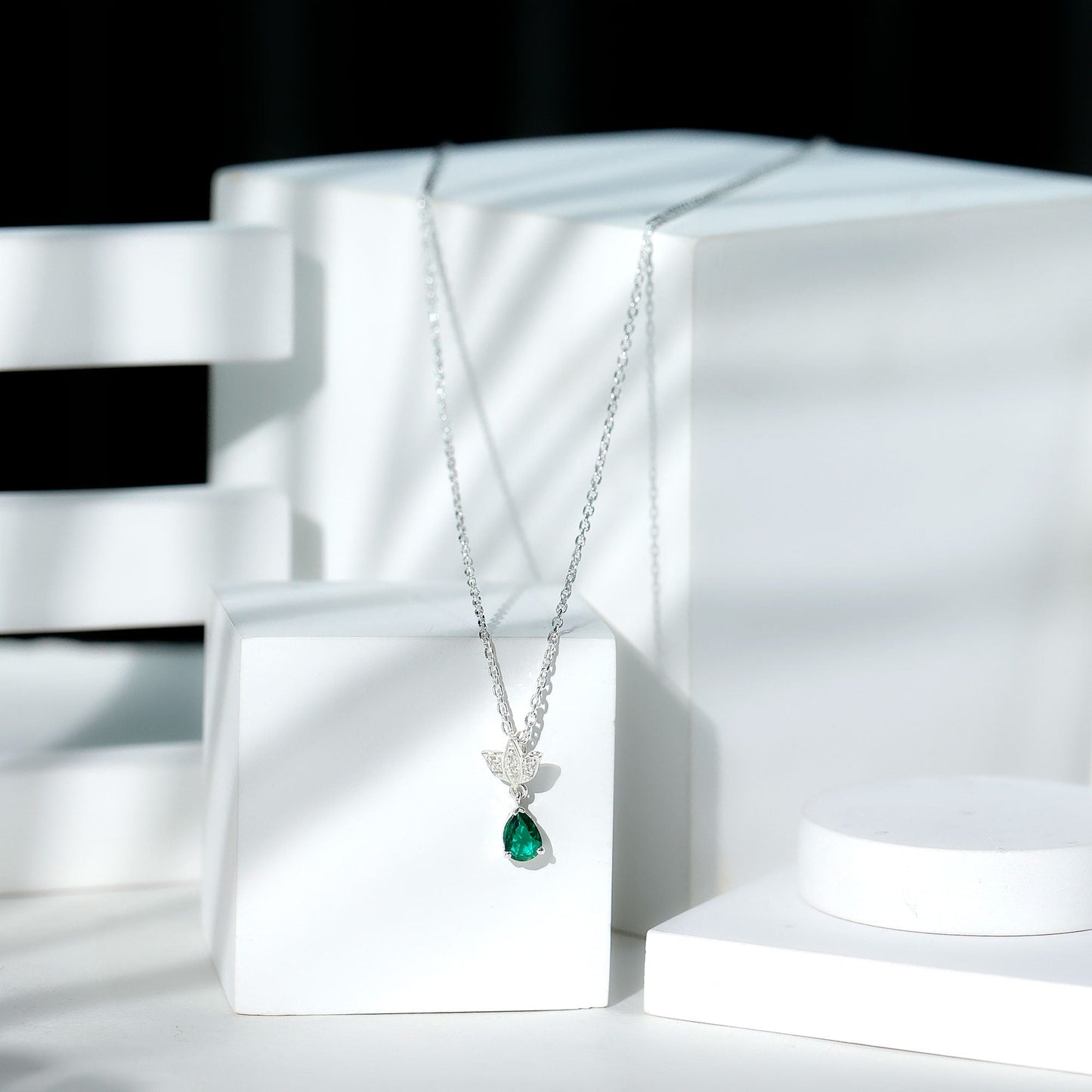 Emerald Lotus Flower Necklace with Silver Chain