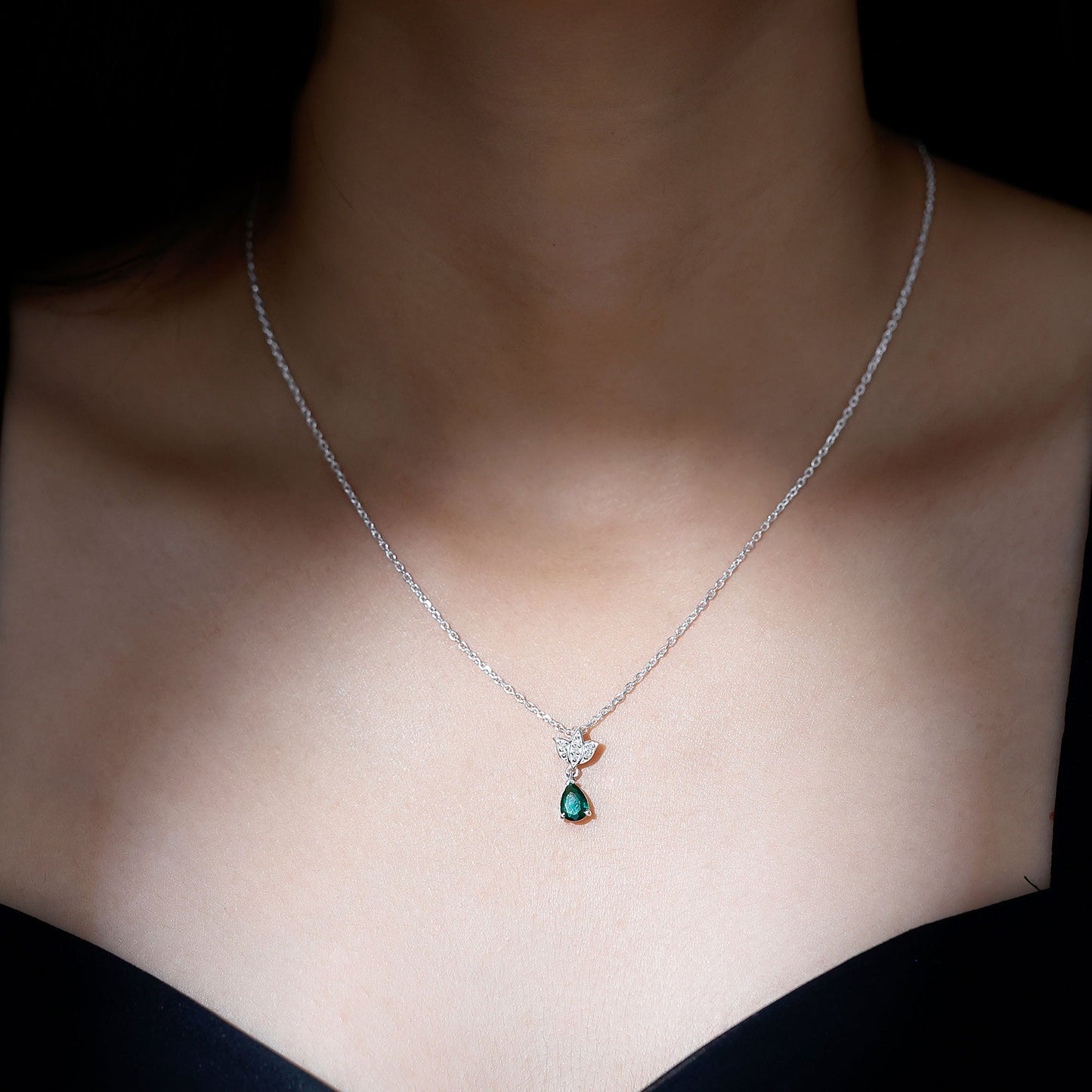 Emerald Lotus Flower Necklace with Silver Chain