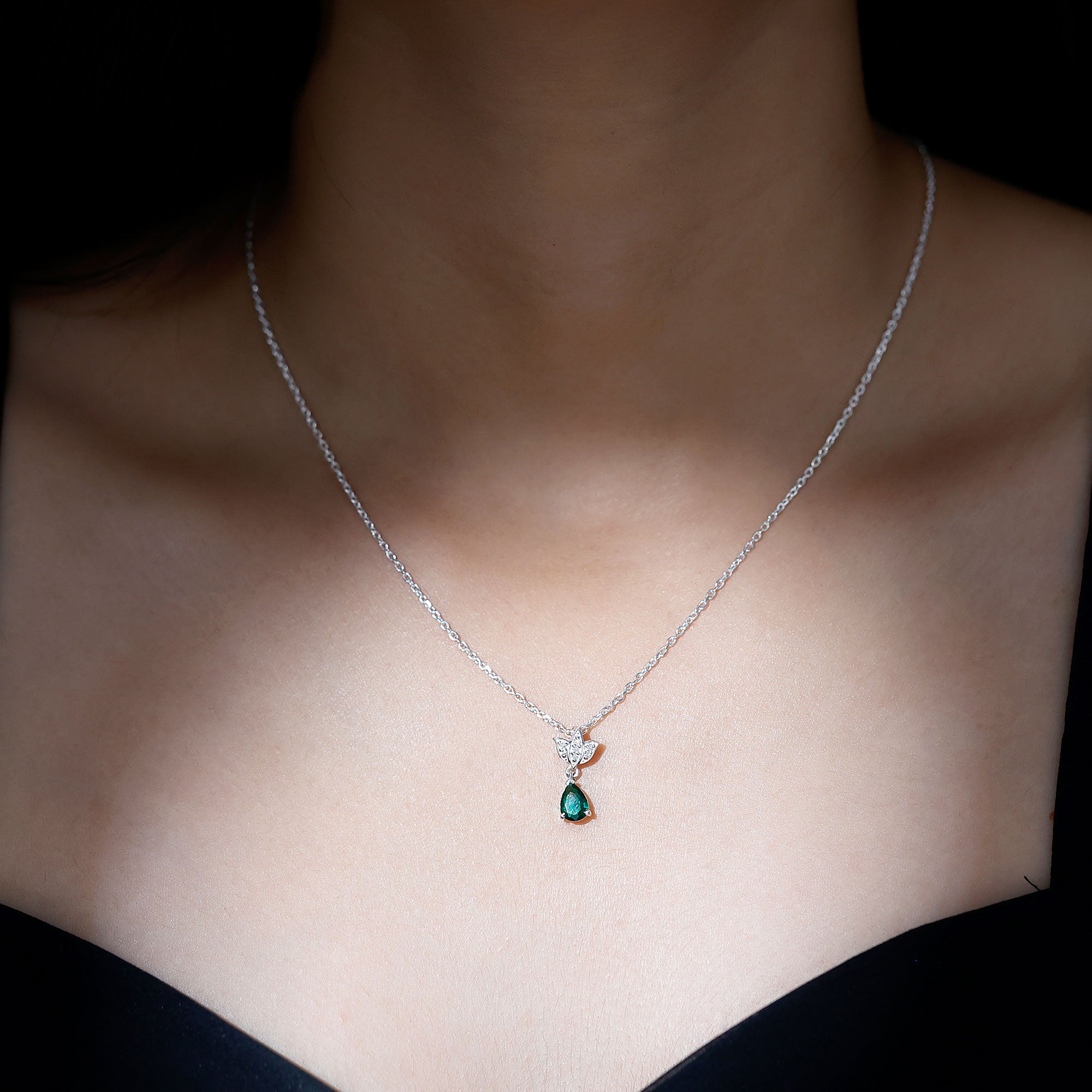 Emerald Lotus Flower Necklace with Silver Chain