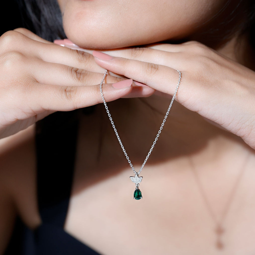 Emerald Lotus Flower Necklace with Silver Chain