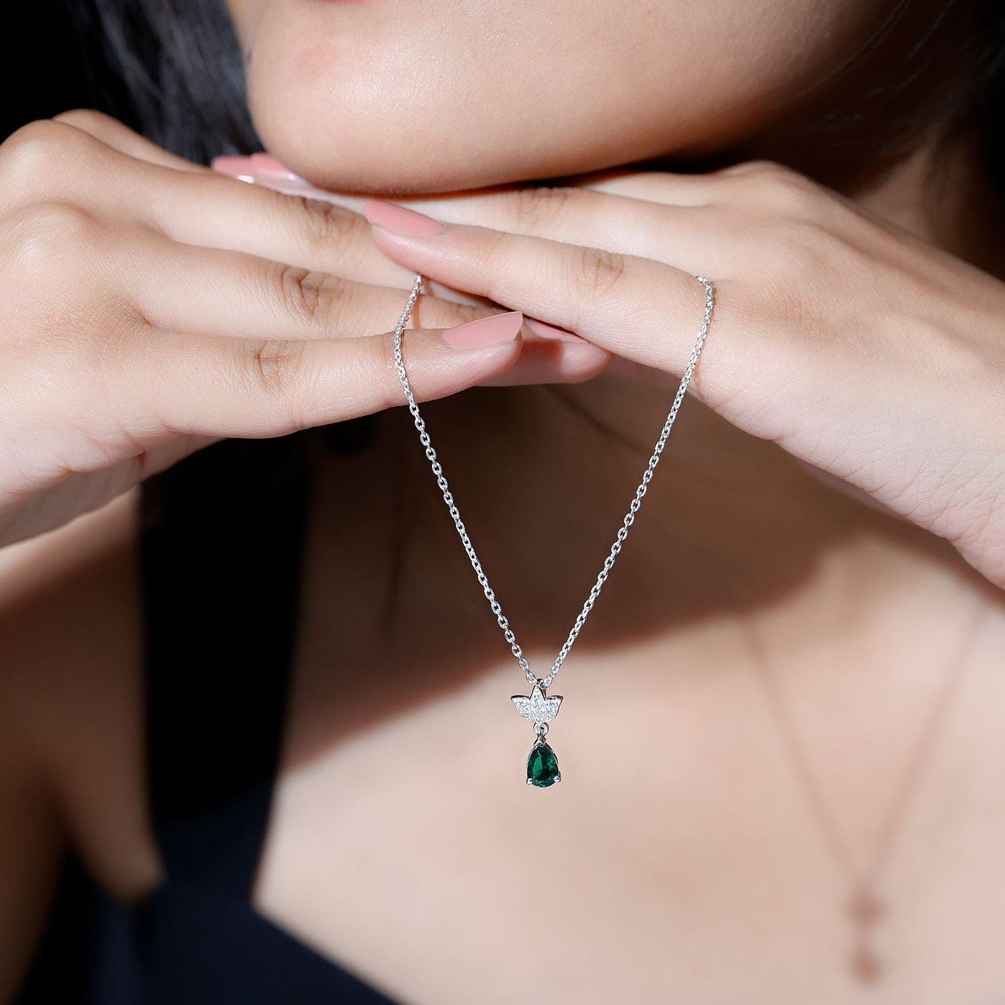 Emerald Lotus Flower Necklace with Silver Chain