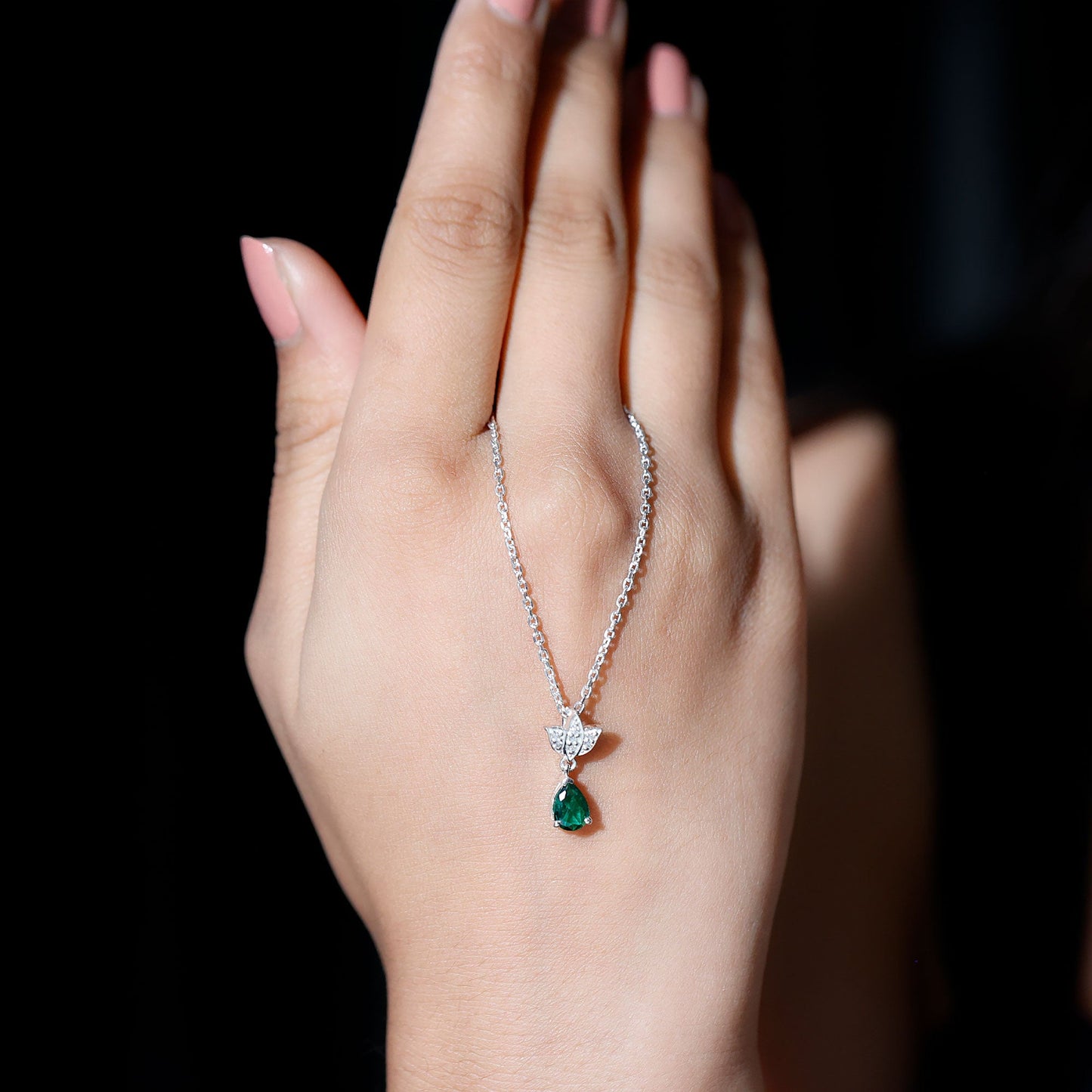 Emerald Lotus Flower Necklace with Silver Chain