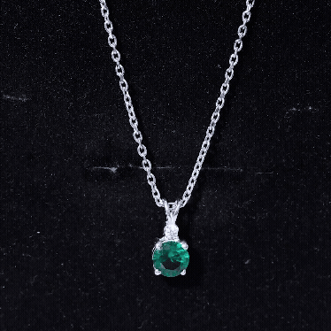 6 MM Round Lab Grown Emerald Solitaire Pendant Necklace With Silver Chain
