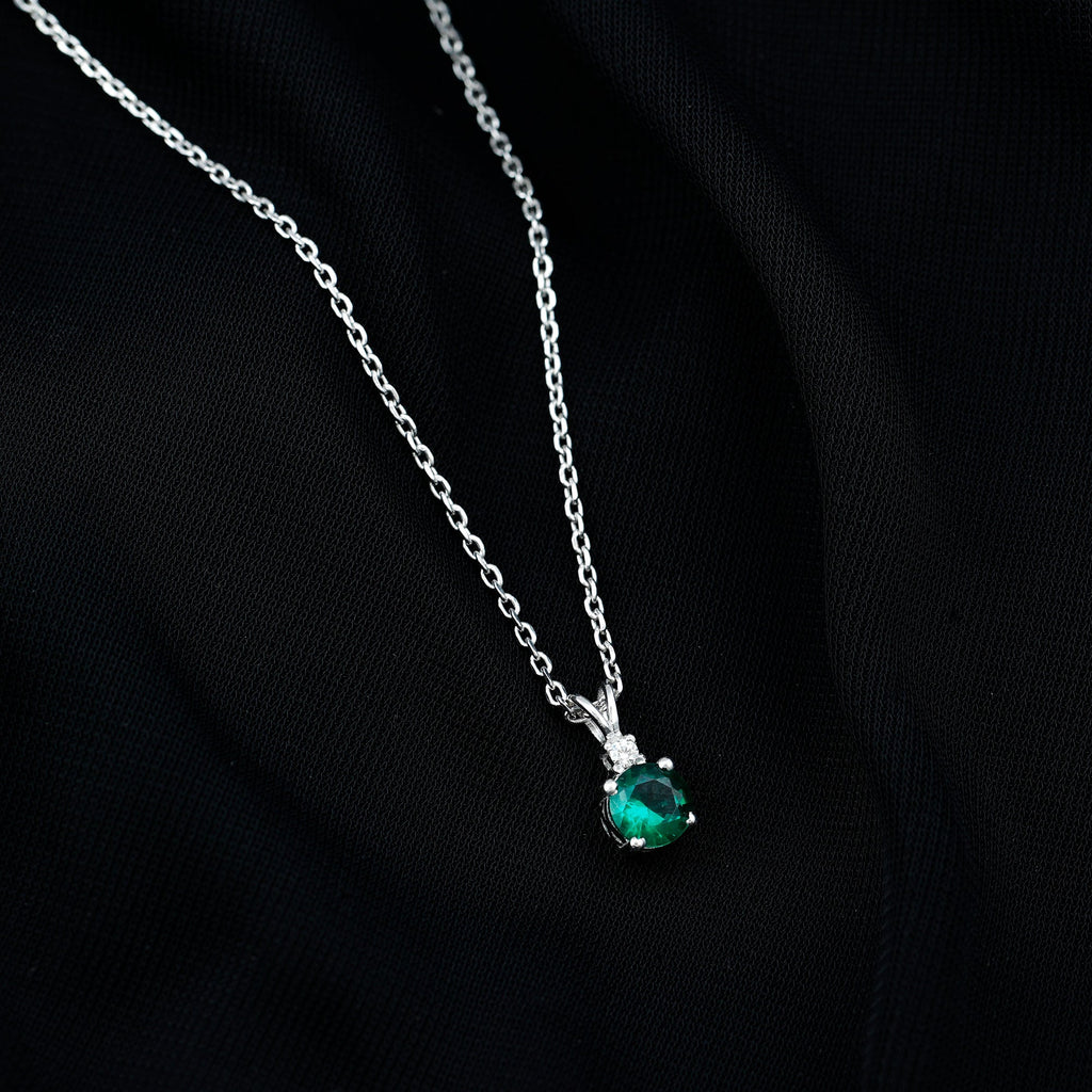 6 MM Round Lab Grown Emerald Solitaire Pendant Necklace With Silver Chain