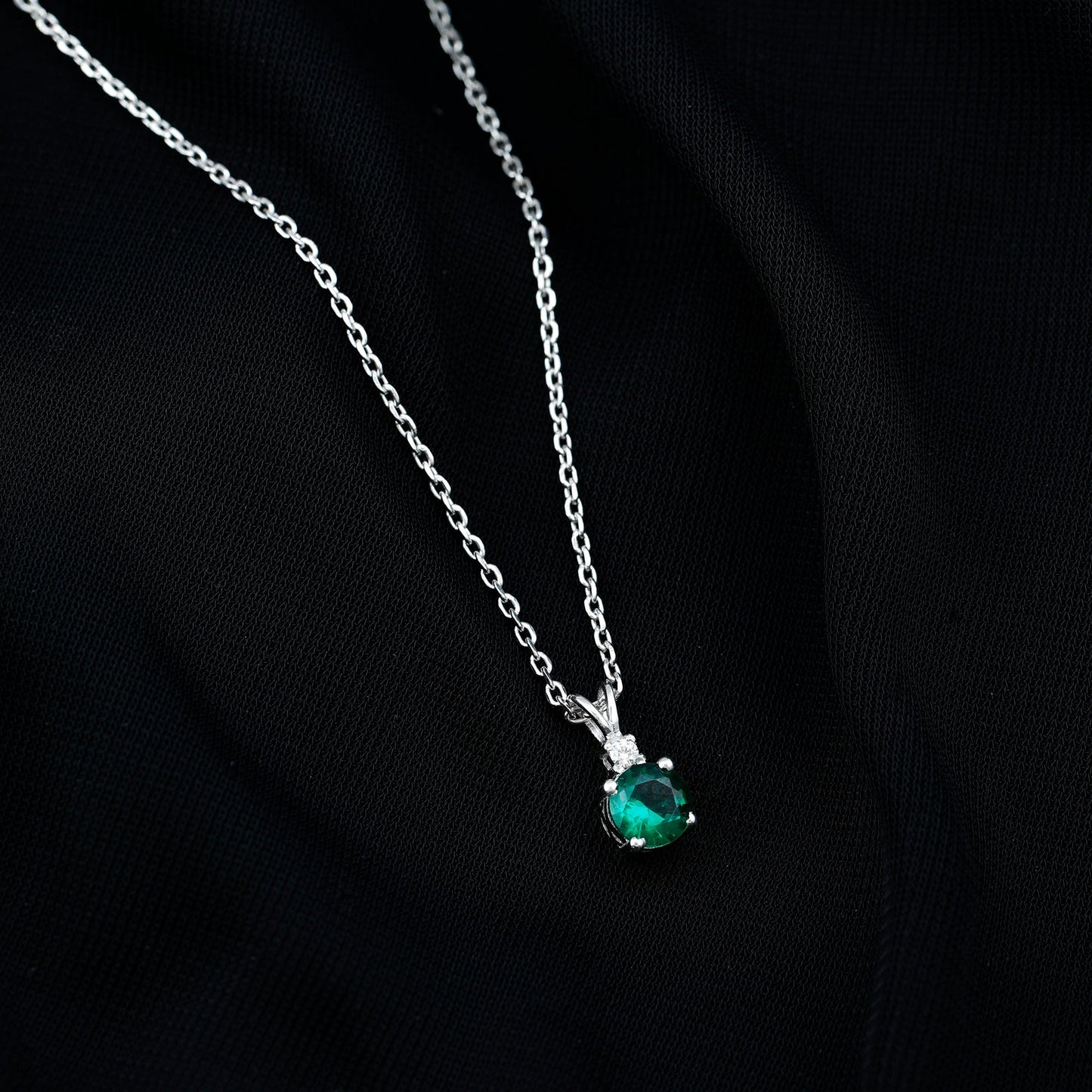 6 MM Round Lab Grown Emerald Solitaire Pendant Necklace With Silver Chain
