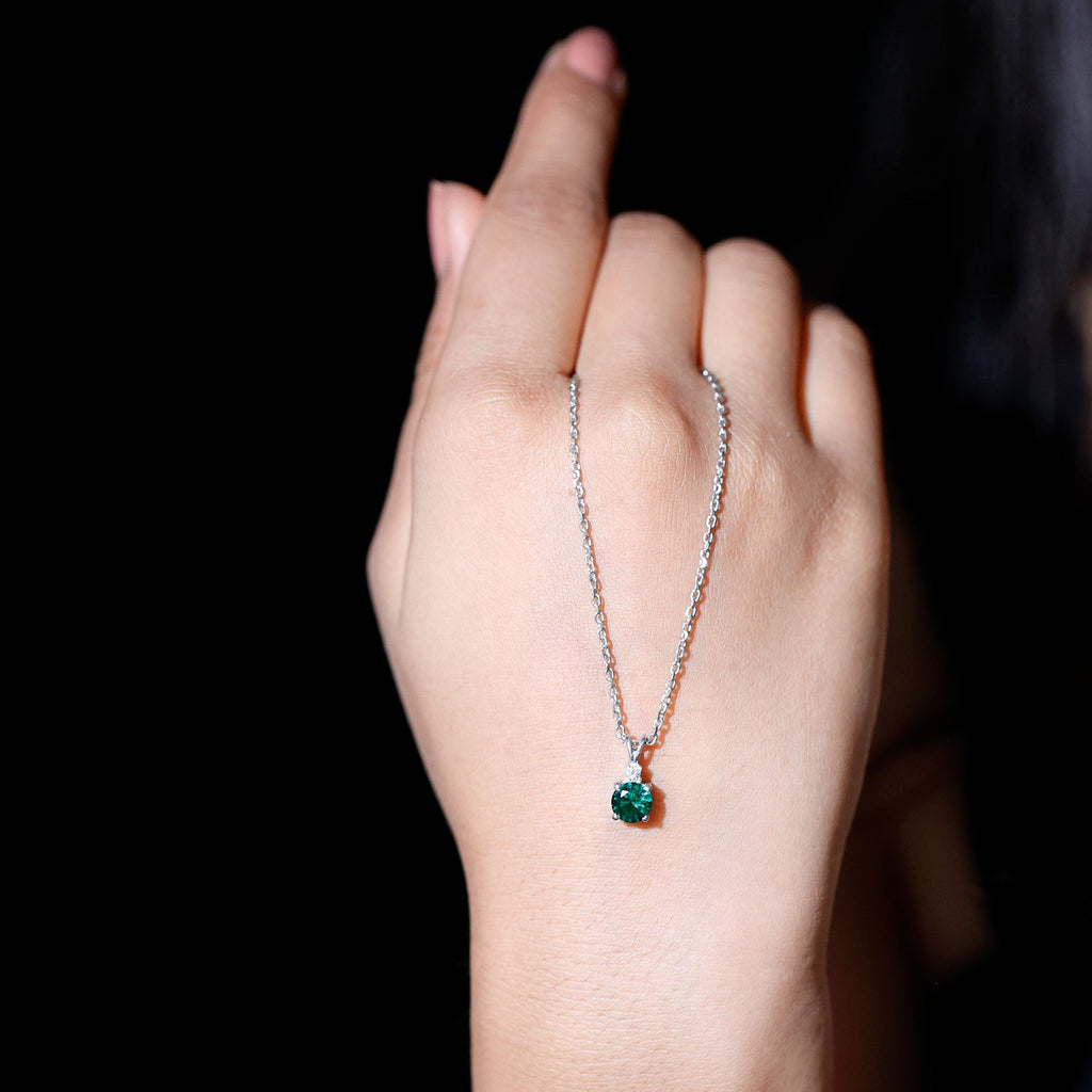 6 MM Round Lab Grown Emerald Solitaire Pendant Necklace With Silver Chain