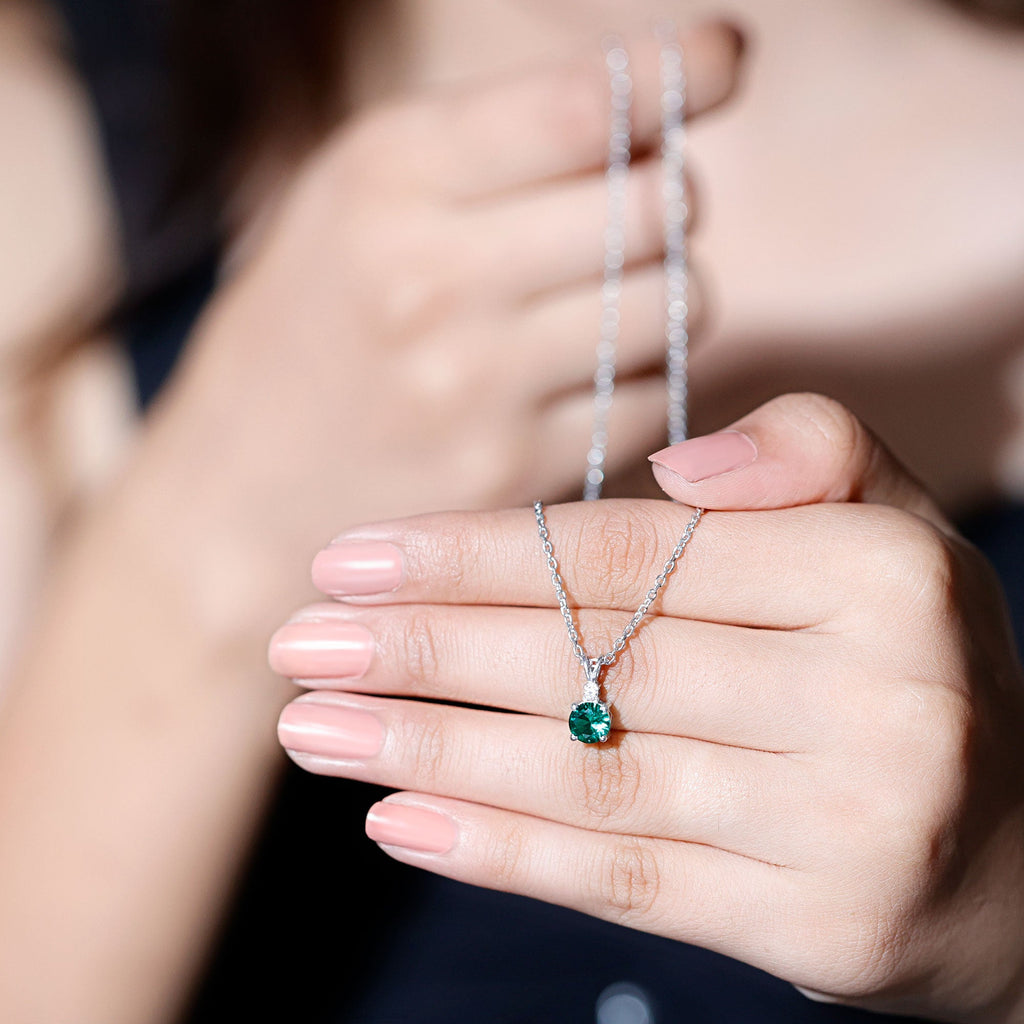 6 MM Round Lab Grown Emerald Solitaire Pendant Necklace With Silver Chain