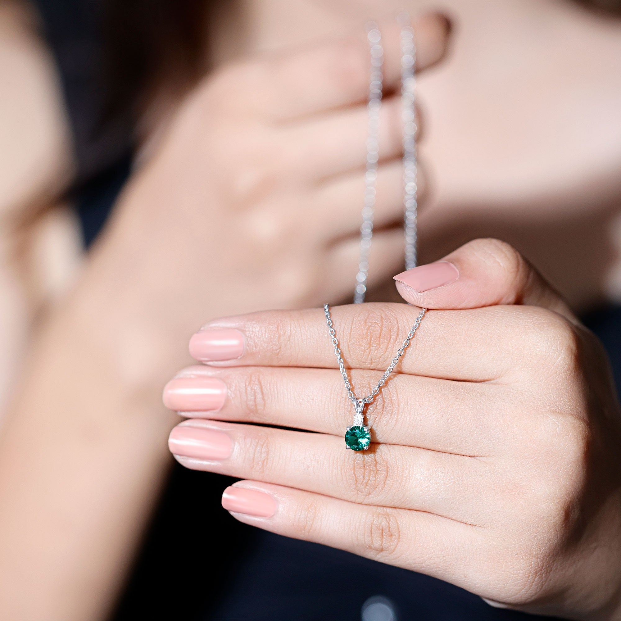 6 MM Round Lab Grown Emerald Solitaire Pendant Necklace With Silver Chain