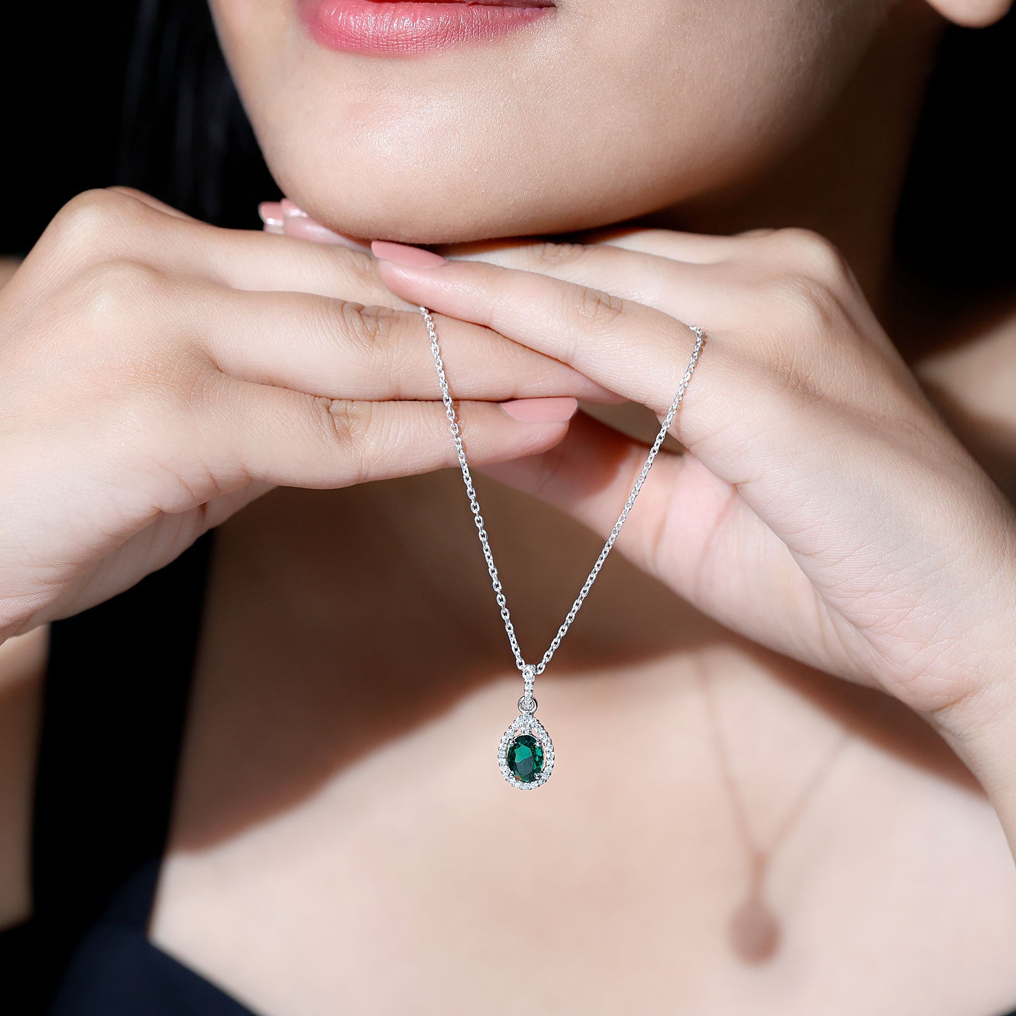 AAAA Quality Lab Grown Emerald Drop Necklace with Moissanite
