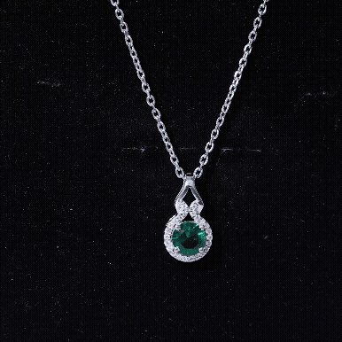 Certified 6 MM Round Lab Emerald Halo Necklace for Women
