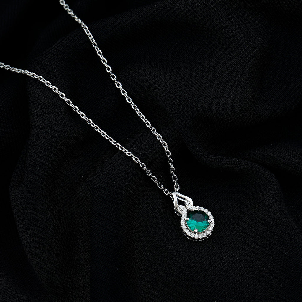 Certified 6 MM Round Lab Emerald Halo Necklace for Women