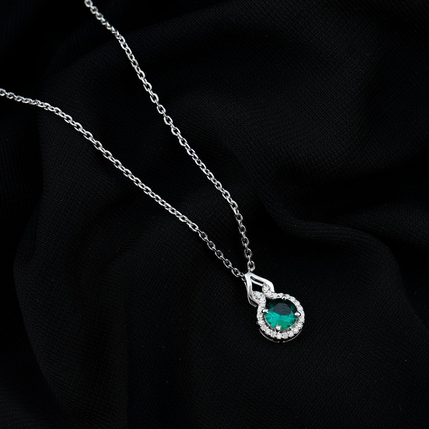 Certified 6 MM Round Lab Emerald Halo Necklace for Women