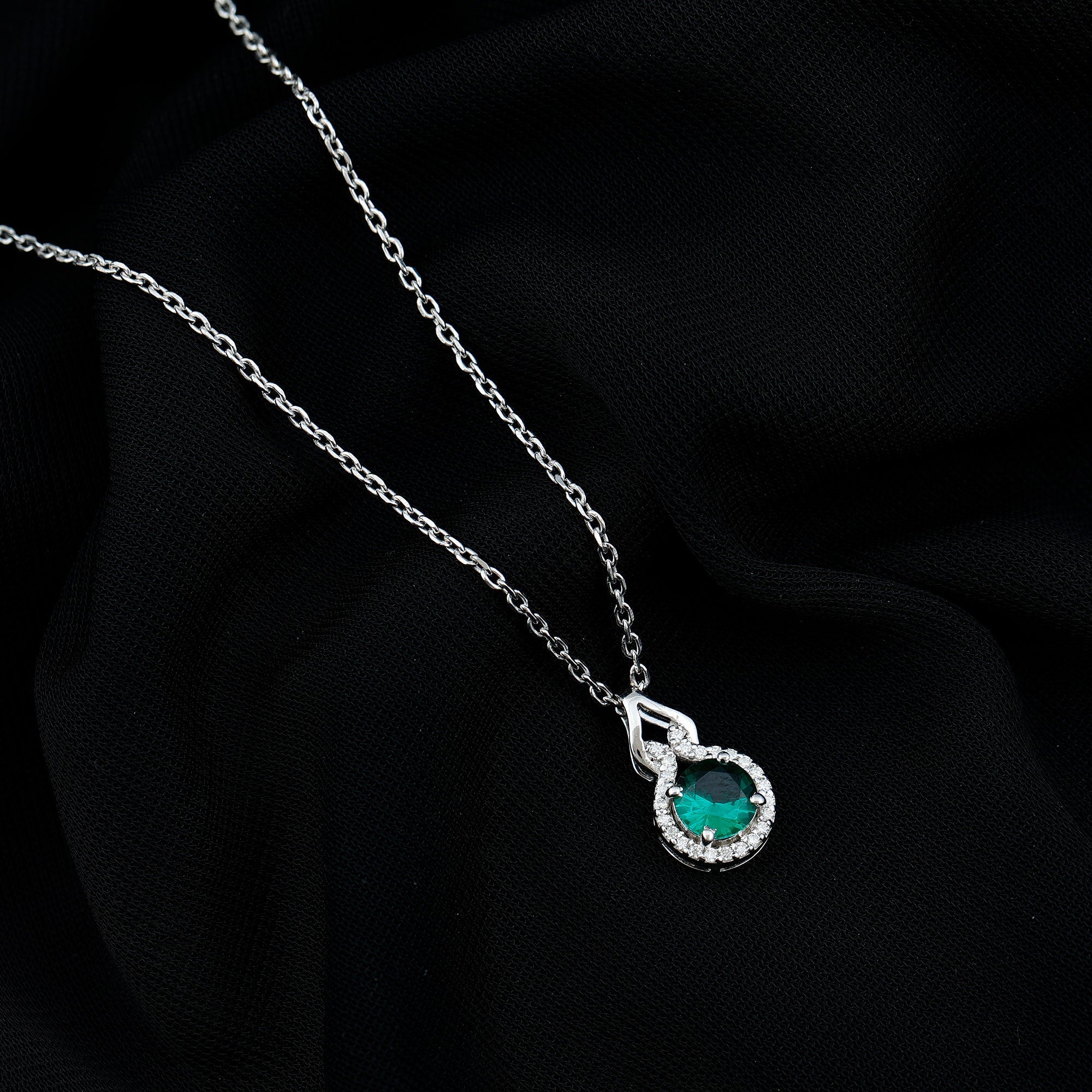 Certified 6 MM Round Lab Emerald Halo Necklace for Women
