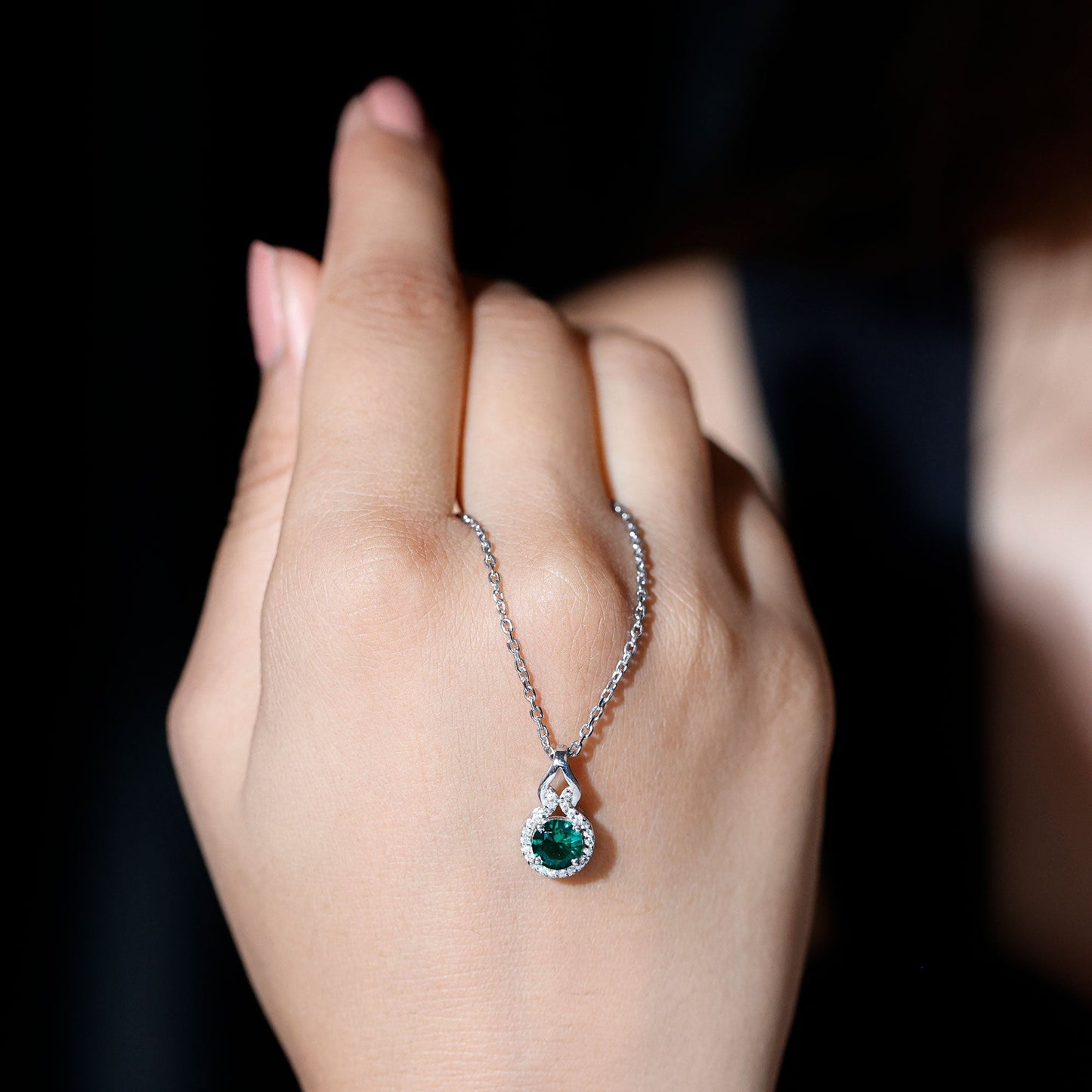 Certified 6 MM Round Lab Emerald Halo Necklace for Women