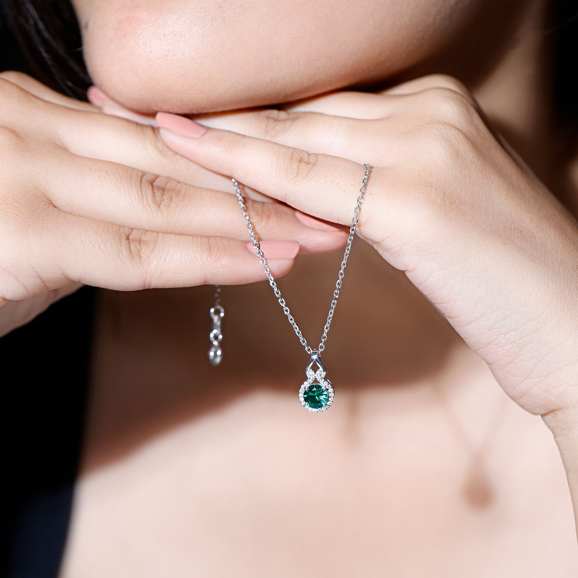 Certified 6 MM Round Lab Emerald Halo Necklace for Women