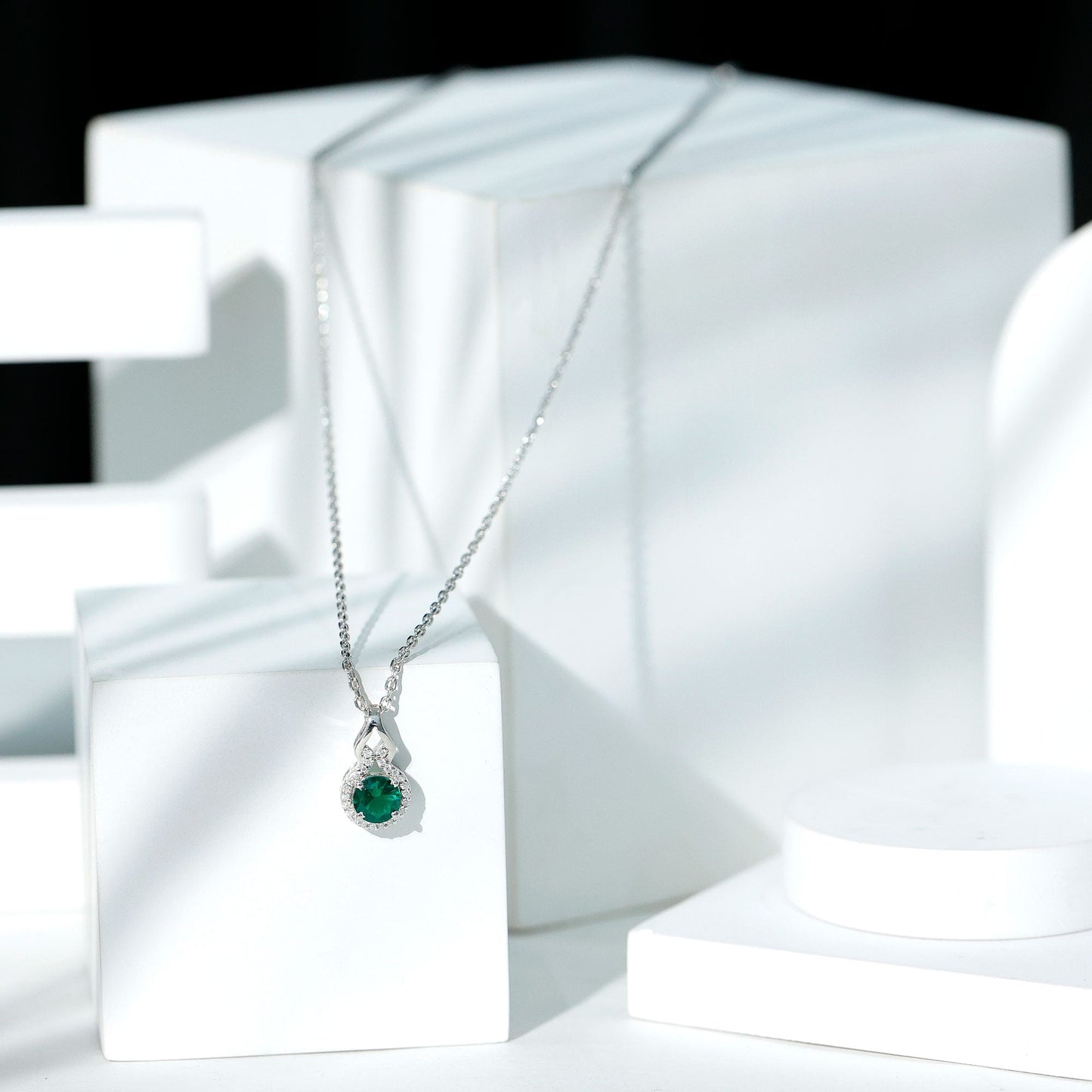 Certified 6 MM Round Lab Emerald Halo Necklace for Women