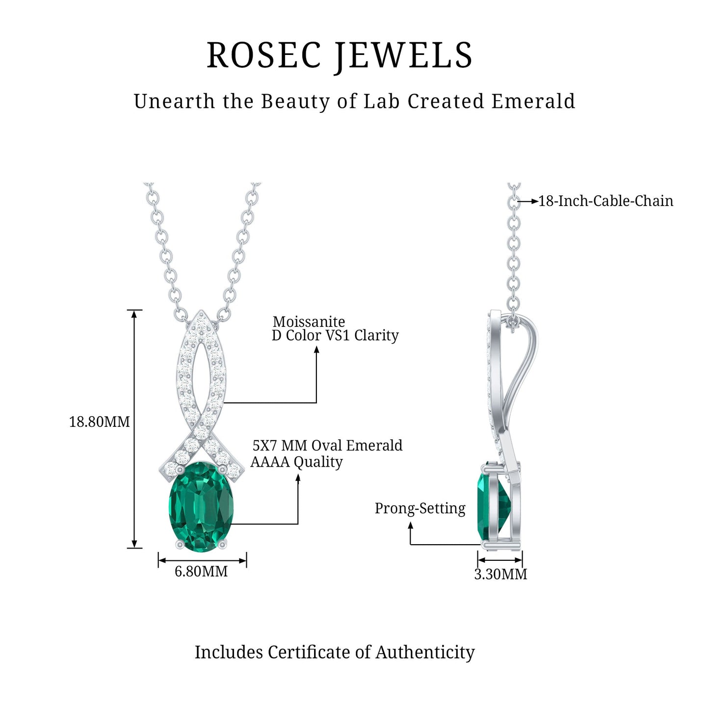 Oval Lab Created Emerald Infinity Pendant with Moissanite in Silver