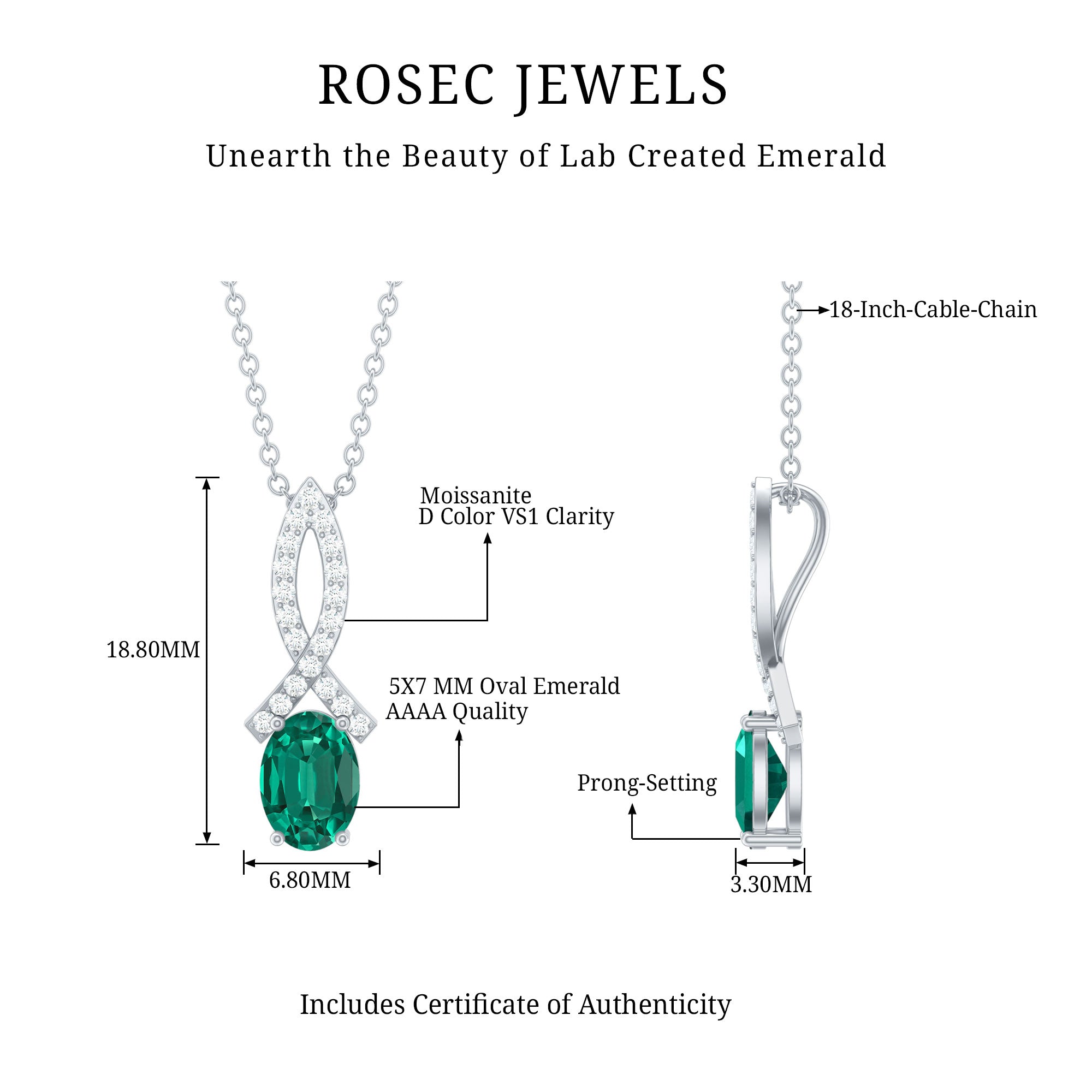 Oval Lab Created Emerald Infinity Pendant with Moissanite in Silver