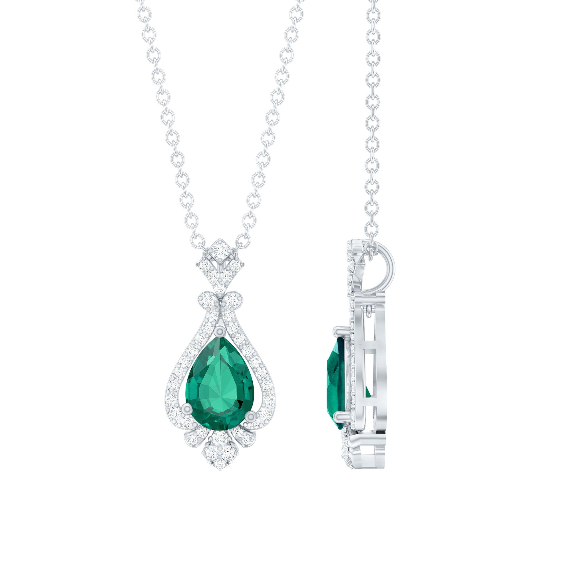 Lab Grown Emerald Bridal Vintage Necklace with Silver Chain