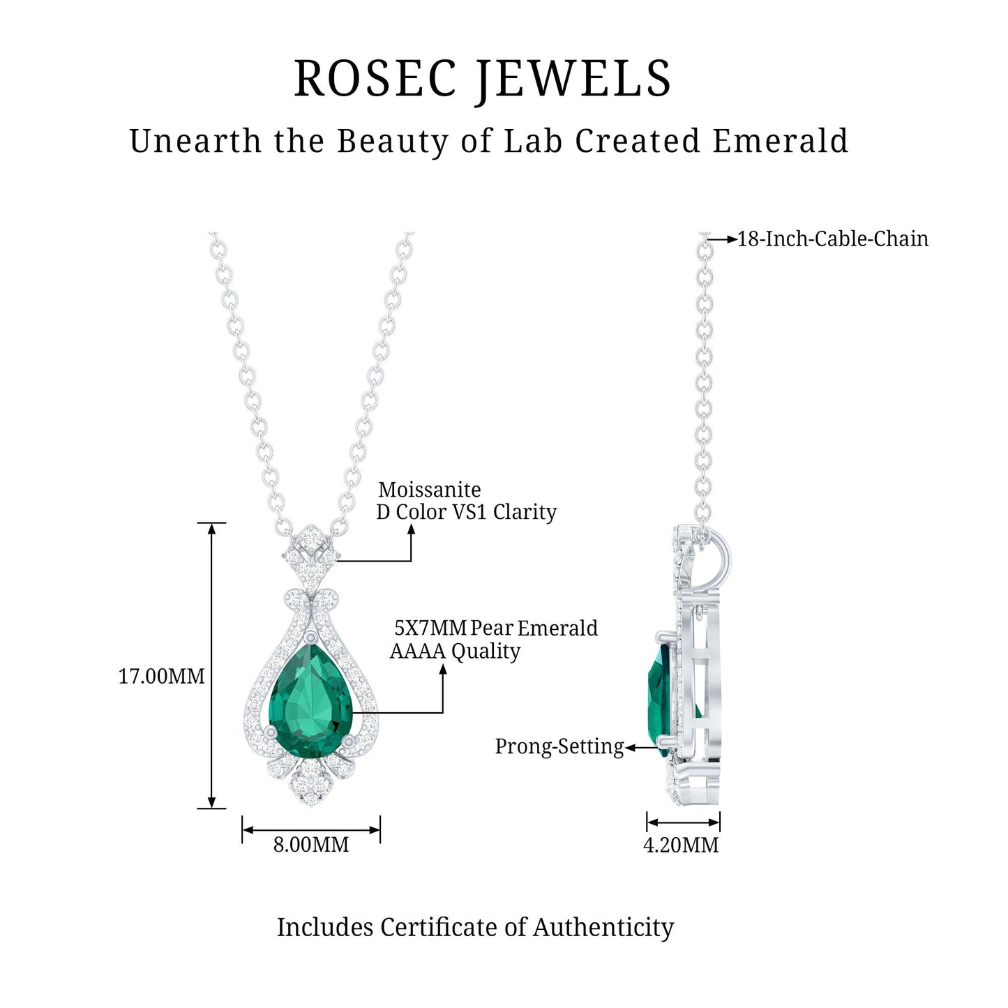 Lab Grown Emerald Bridal Vintage Necklace with Silver Chain