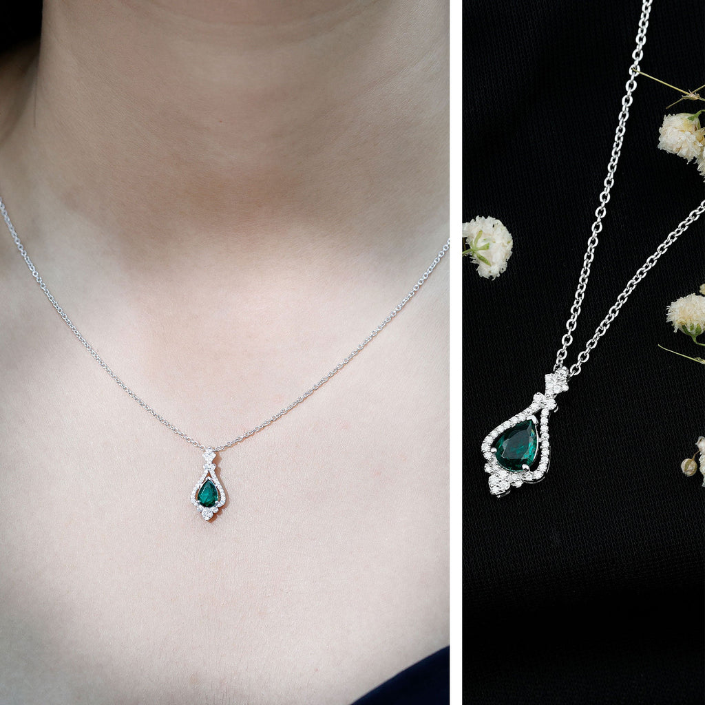 Lab Grown Emerald Bridal Vintage Necklace with Silver Chain