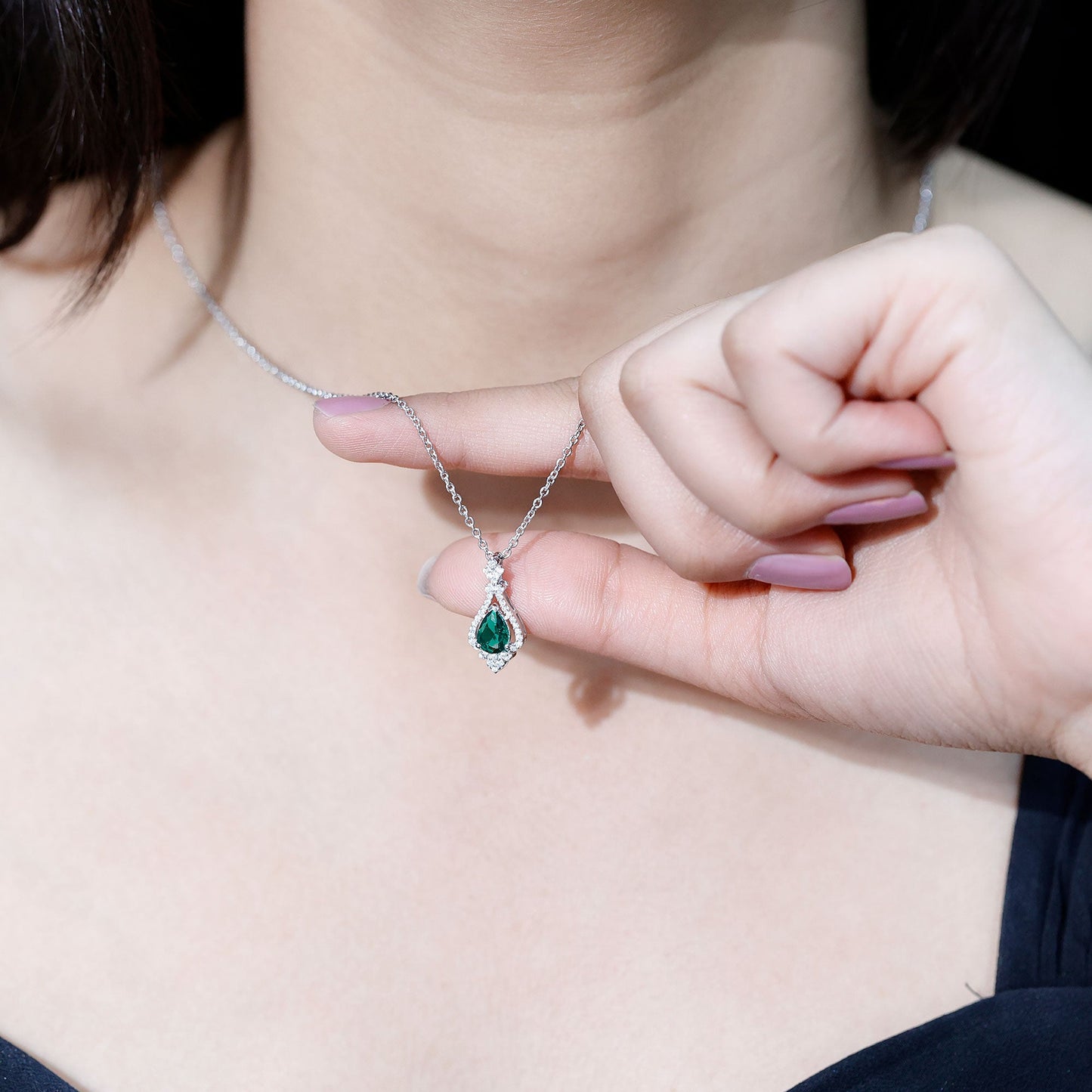 Lab Grown Emerald Bridal Vintage Necklace with Silver Chain