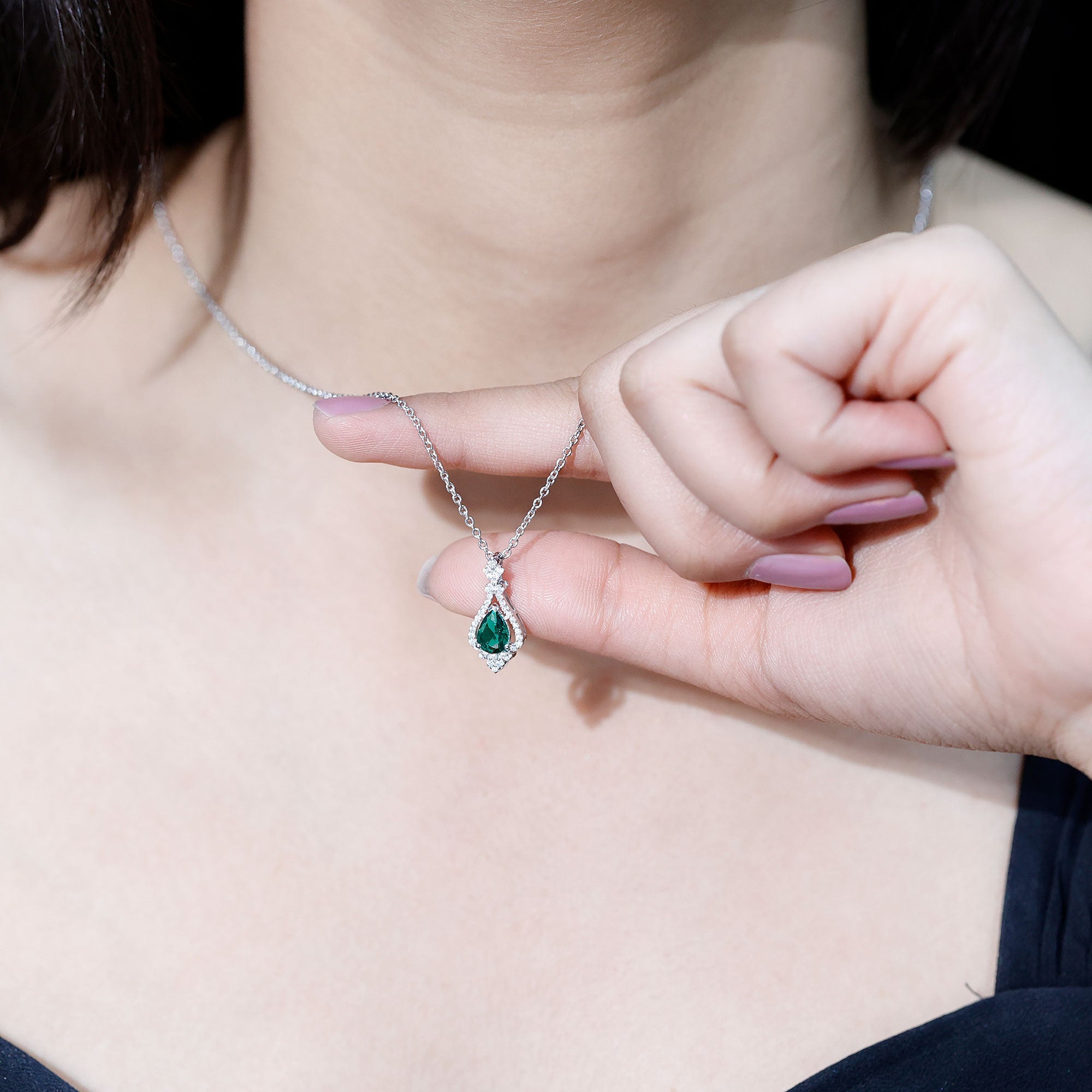 Lab Grown Emerald Bridal Vintage Necklace with Silver Chain