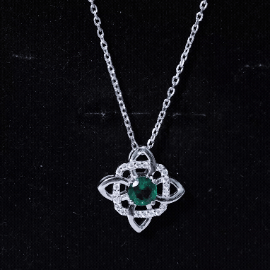 Lab Grown Emerald Floral Pendant Necklace In Silver