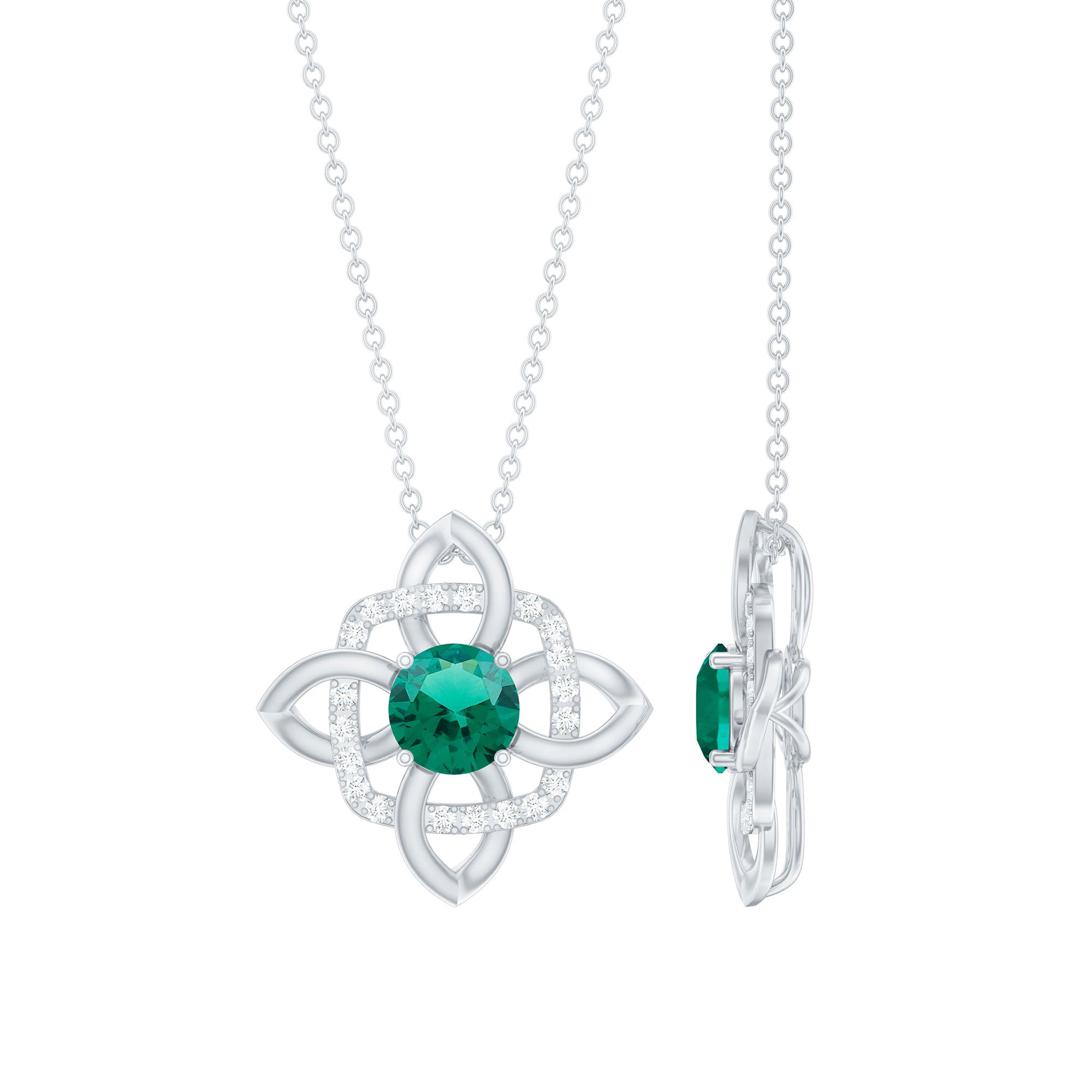 Lab Grown Emerald Floral Pendant Necklace In Silver