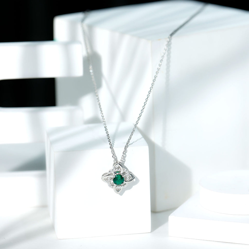 Lab Grown Emerald Floral Pendant Necklace In Silver