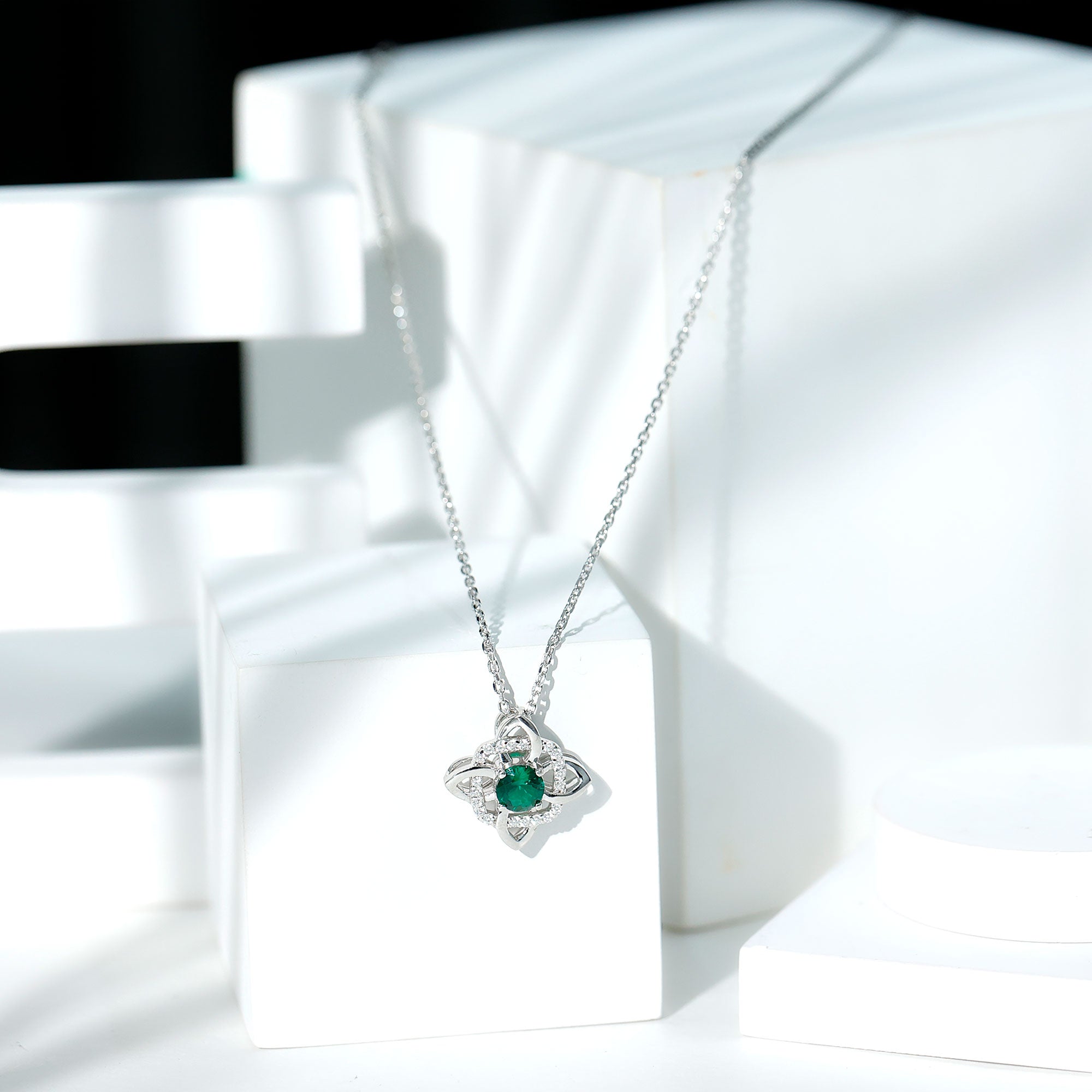 Lab Grown Emerald Floral Pendant Necklace In Silver