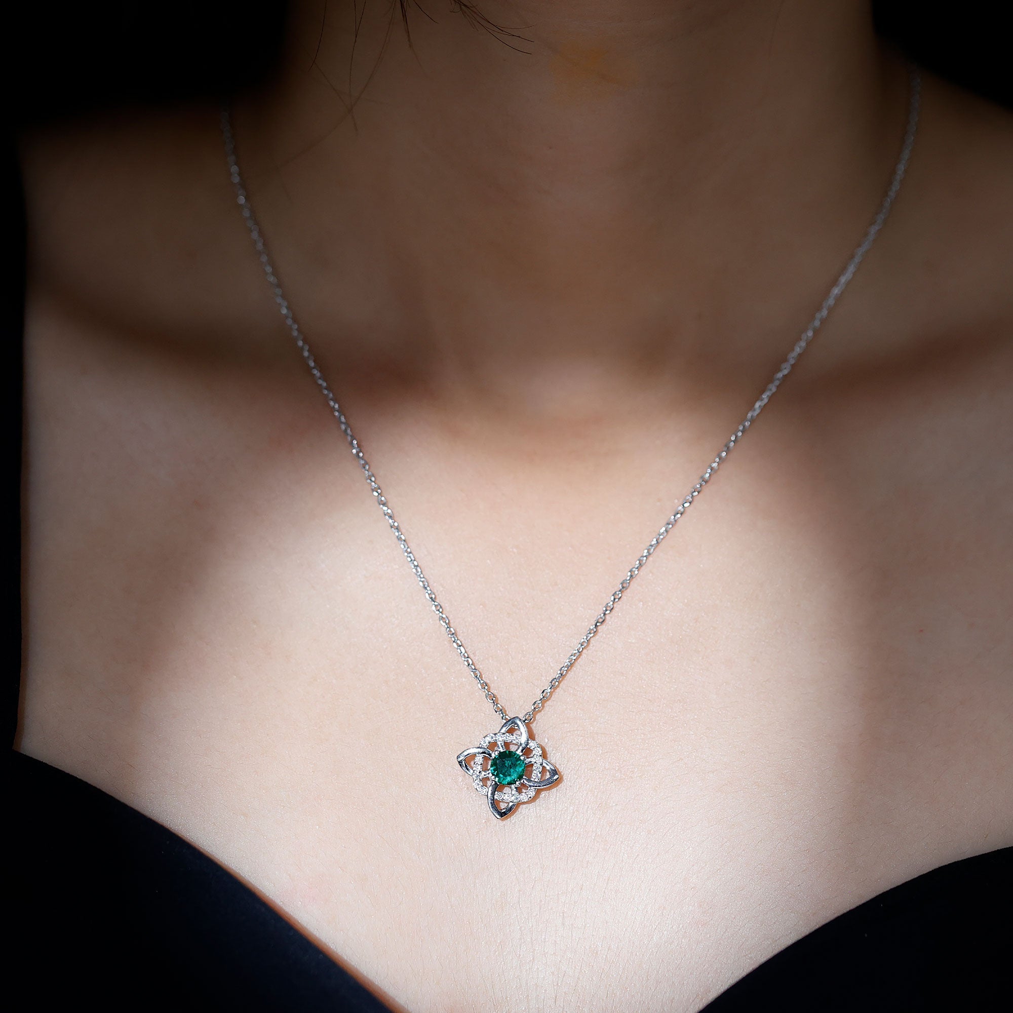 Lab Grown Emerald Floral Pendant Necklace In Silver