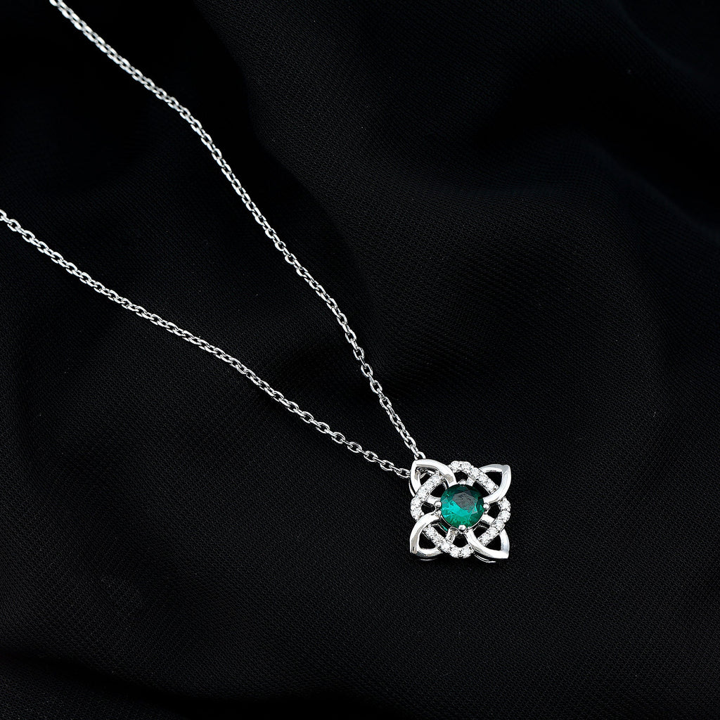 Lab Grown Emerald Floral Pendant Necklace In Silver