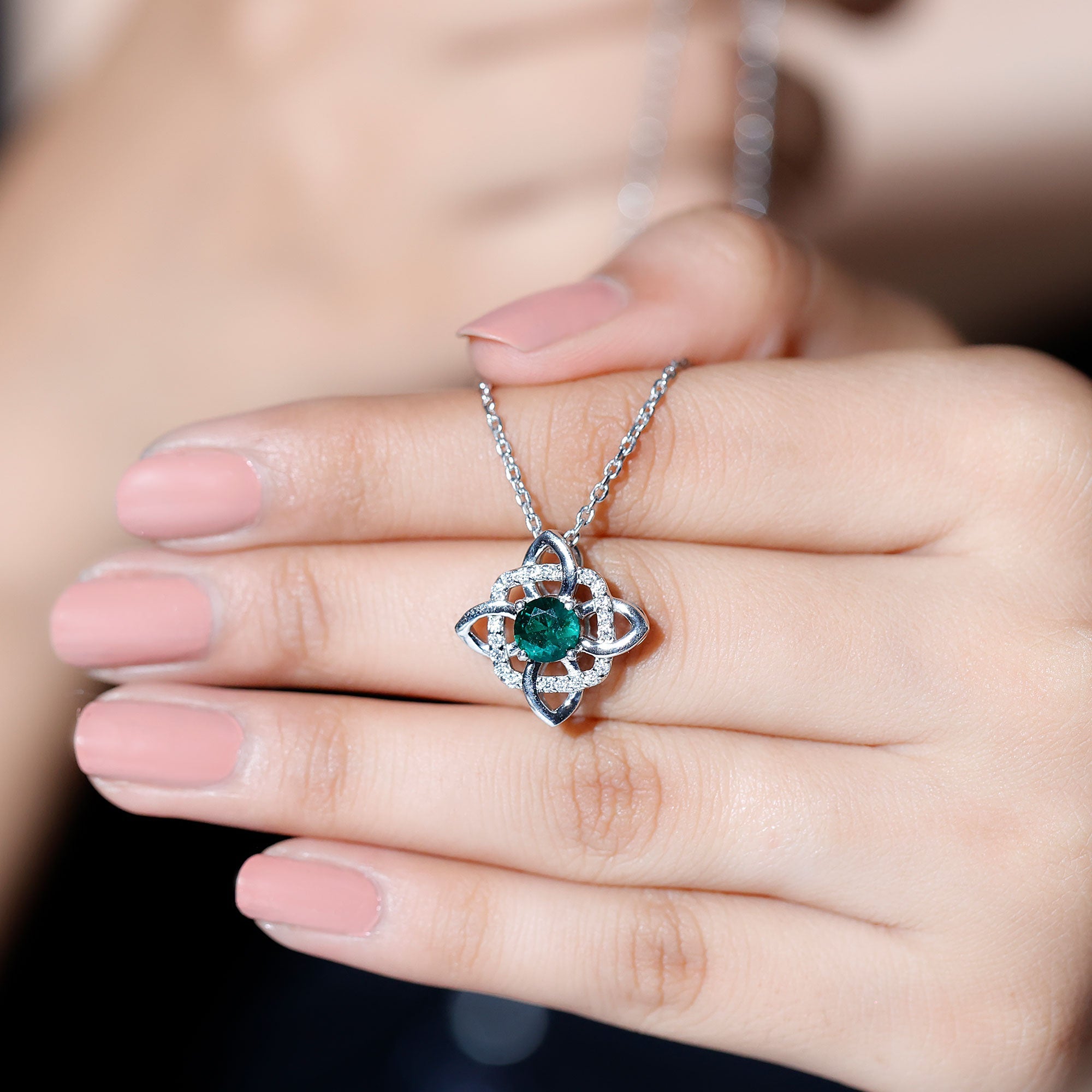 Lab Grown Emerald Floral Pendant Necklace In Silver