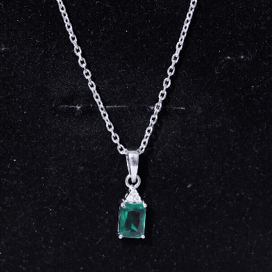 6X8 MM Emerald Cut Lab Grown Emerald Solitaire Necklace in White Gold Plated Silver