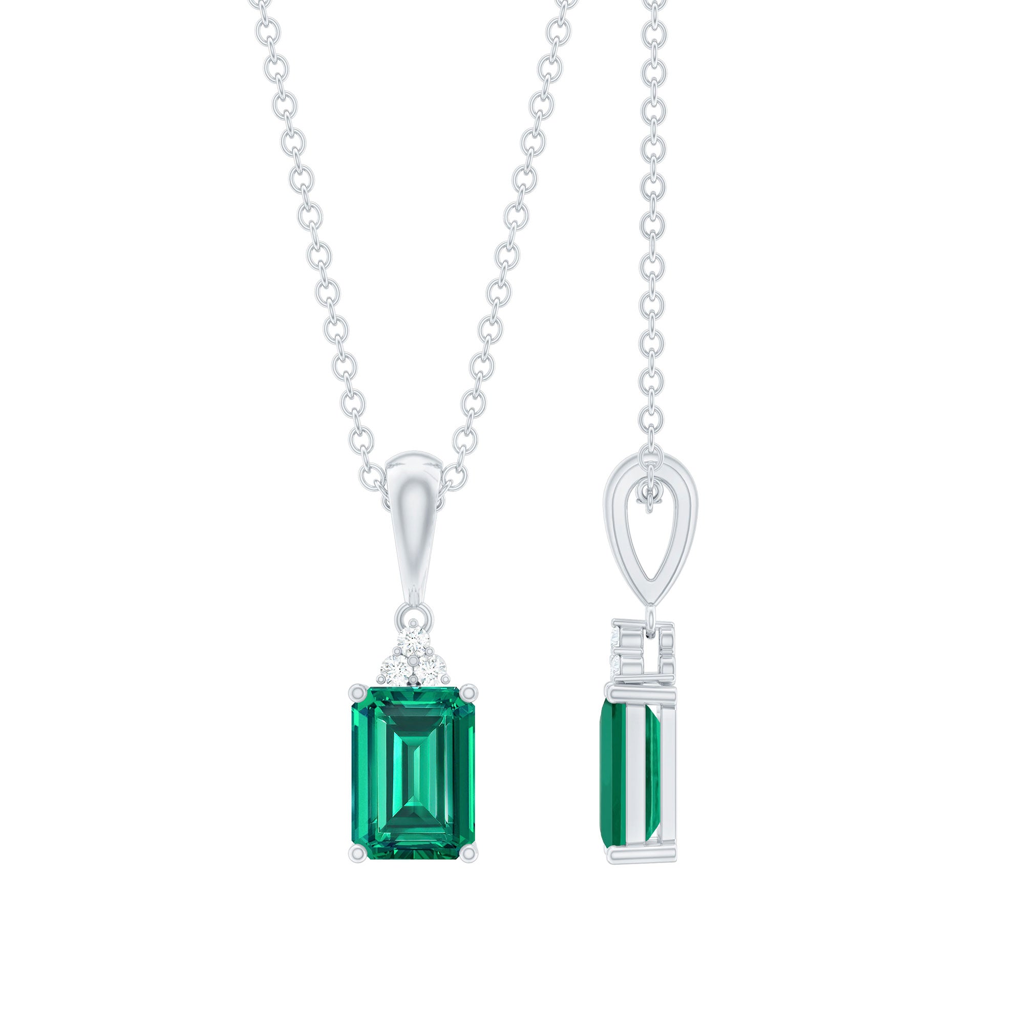 6X8 MM Emerald Cut Lab Grown Emerald Solitaire Necklace in White Gold Plated Silver