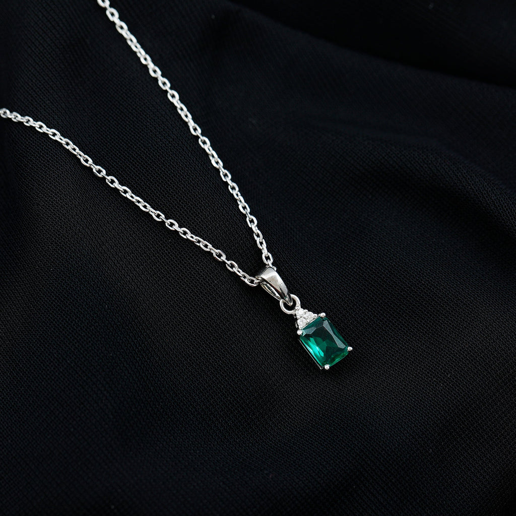 6X8 MM Emerald Cut Lab Grown Emerald Solitaire Necklace in White Gold Plated Silver