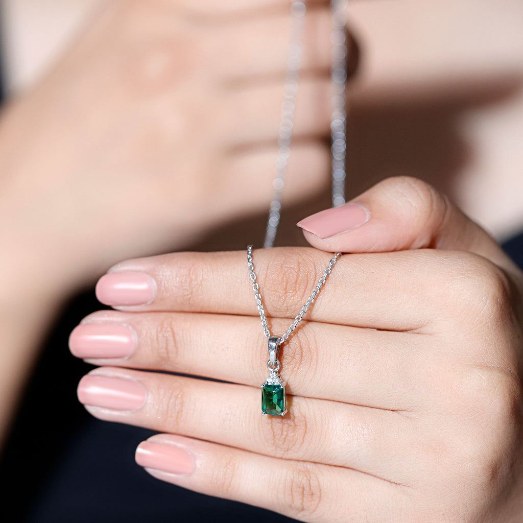 6X8 MM Emerald Cut Lab Grown Emerald Solitaire Necklace in White Gold Plated Silver