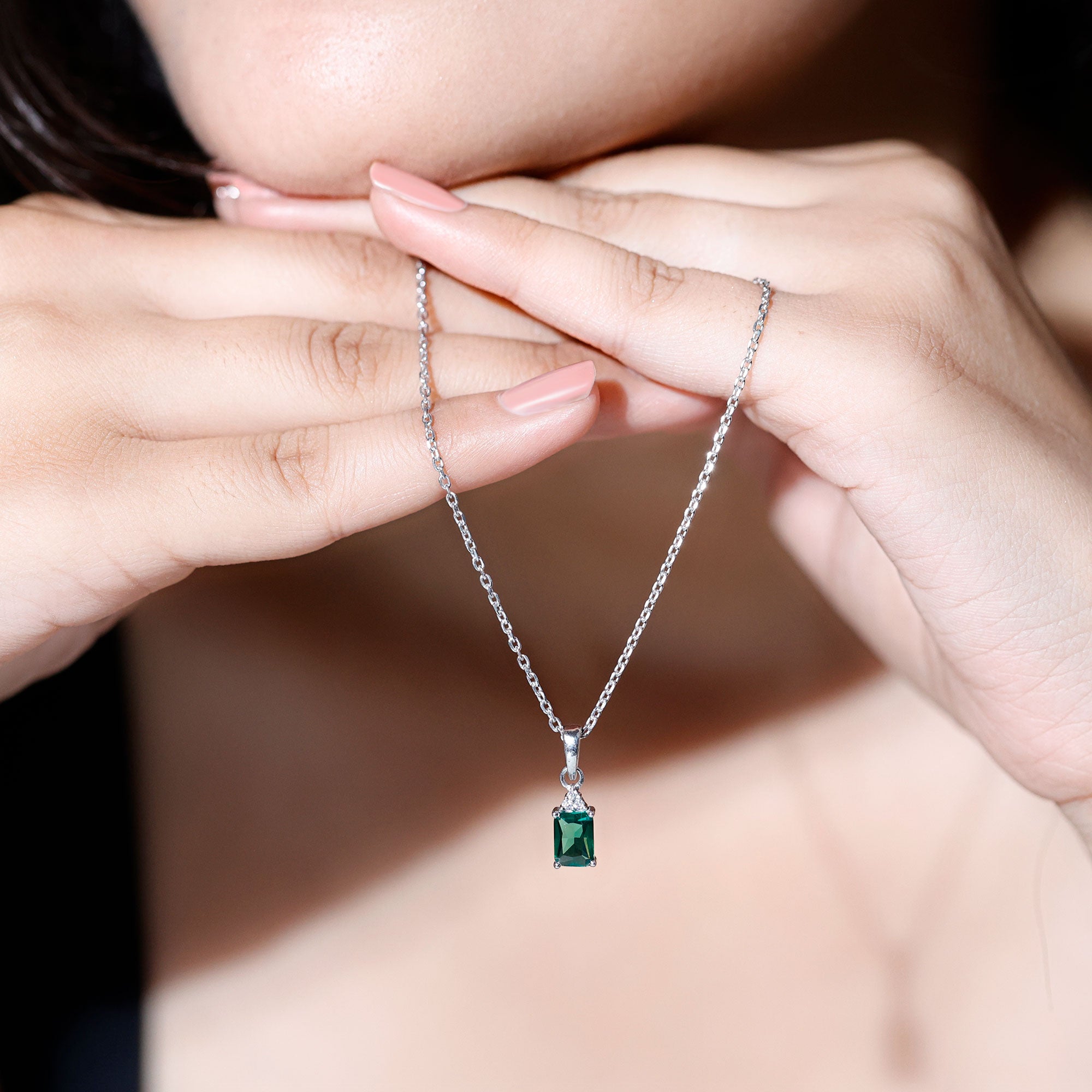 6X8 MM Emerald Cut Lab Grown Emerald Solitaire Necklace in White Gold Plated Silver